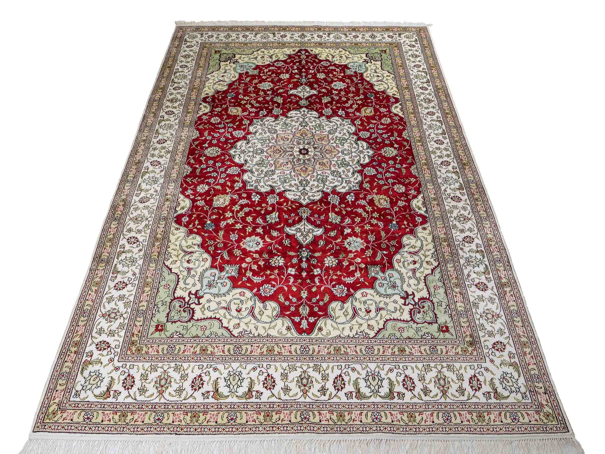 Feiner, handgeknüpfter China Nain Orientteppich aus Kunstseide, rot, weiß. 276x182 cm. Verkauf durch Jupiter Intl.