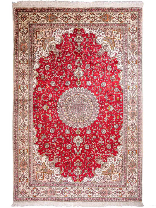 Feiner, handgeknüpfter China Nain Orientteppich aus Kunstseide, rot, creme, weiß. 278x183 cm. Verkauf durch Jupiter Intl.