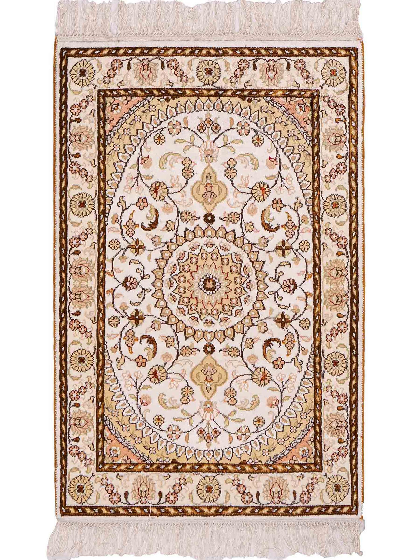 Feiner, handgeknüpfter, chinesischer Orientteppich mit Nain Design aus Kunstseide, weiß, creme, gold. 88x59 cm. Verkauf durch Jupiter Intl.