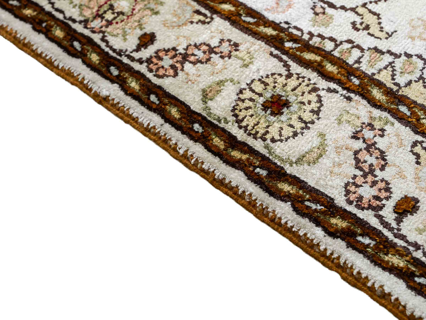 Feiner, handgeknüpfter, chinesischer Orientteppich mit Nain Design aus Kunstseide, weiß, creme, gold. 88x59 cm. Verkauf durch Jupiter Intl.