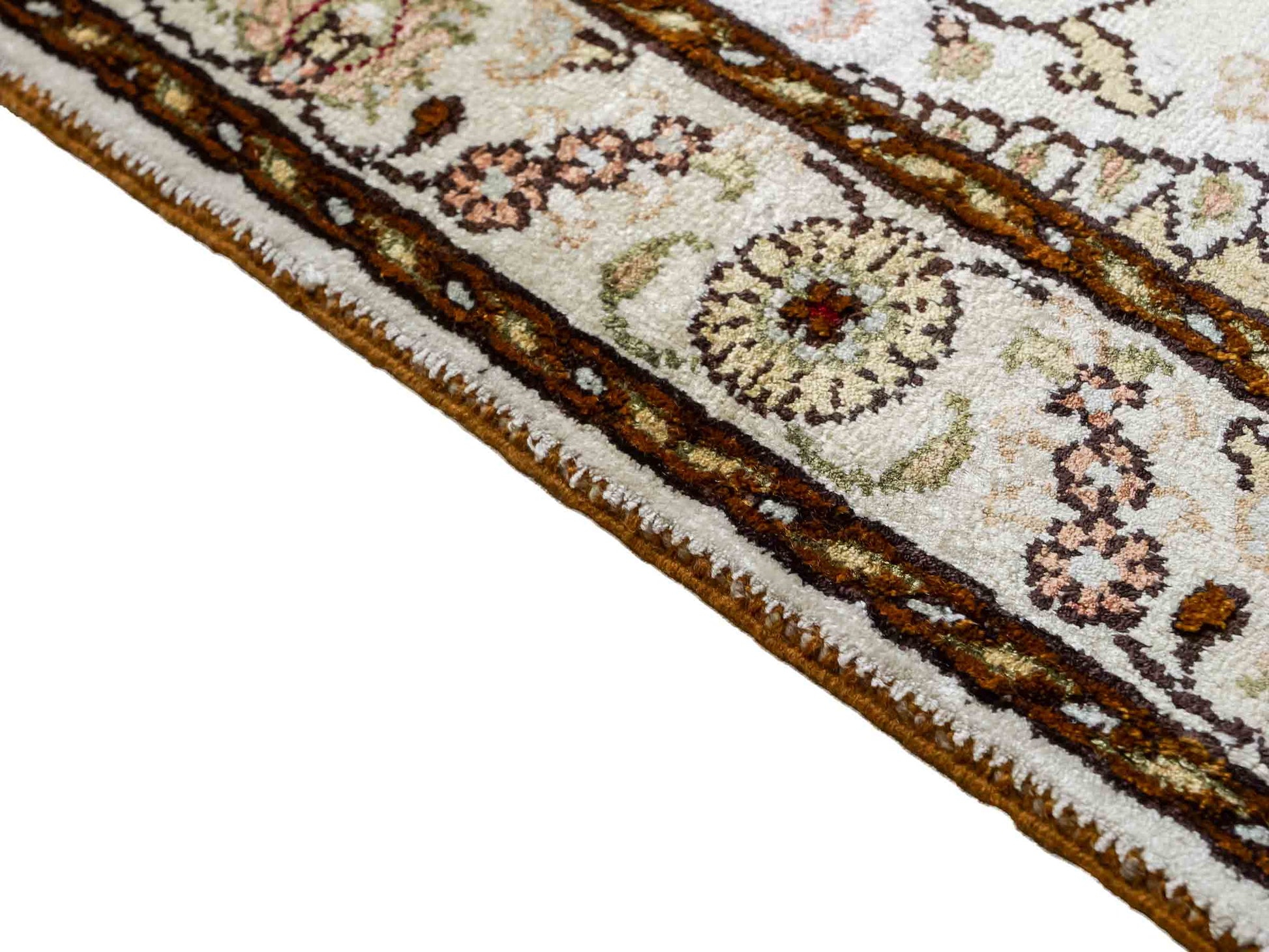 Feiner, handgeknüpfter, chinesischer Orientteppich mit Nain Design aus Kunstseide, weiß, creme, gold. 88x59 cm. Verkauf durch Jupiter Intl.