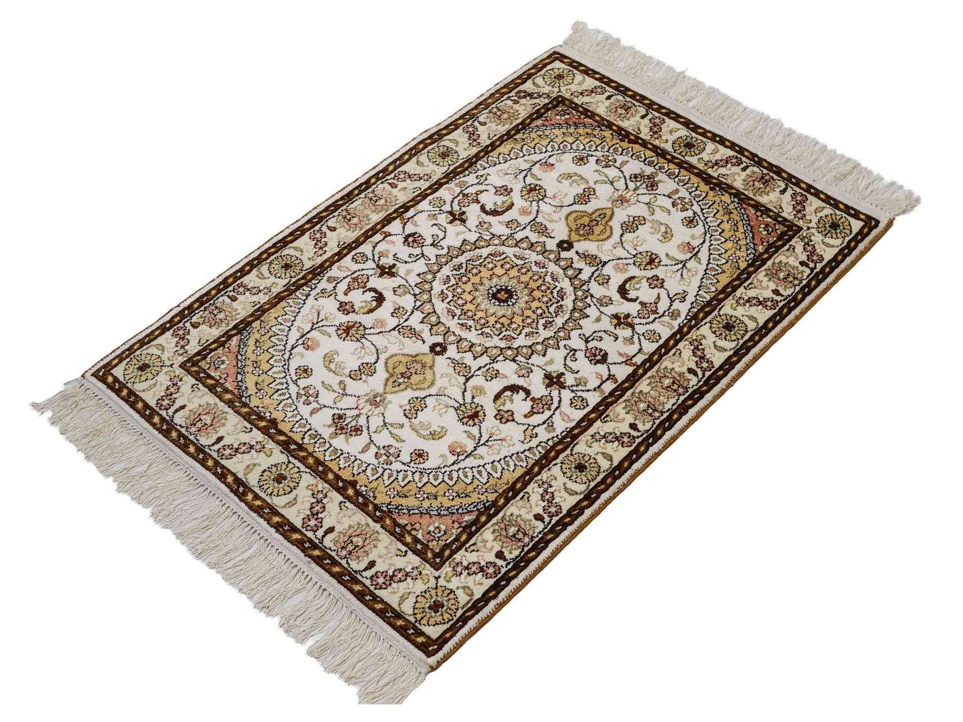 Feiner, handgeknüpfter, chinesischer Orientteppich mit Nain Design aus Kunstseide, weiß, creme, gold. 88x59 cm. Verkauf durch Jupiter Intl.