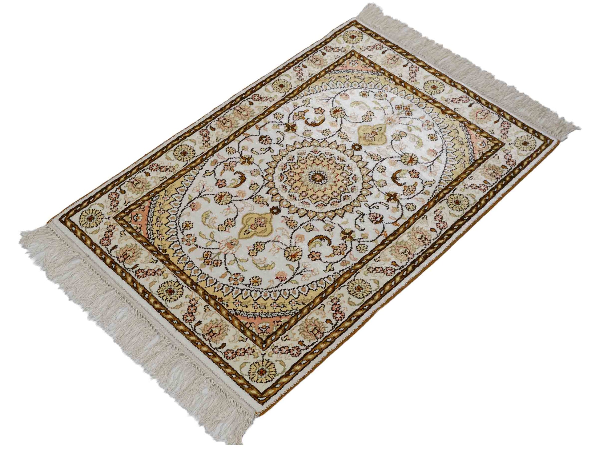 Feiner, handgeknüpfter, chinesischer Orientteppich mit Nain Design aus Kunstseide, weiß, creme, gold. 88x59 cm. Verkauf durch Jupiter Intl.