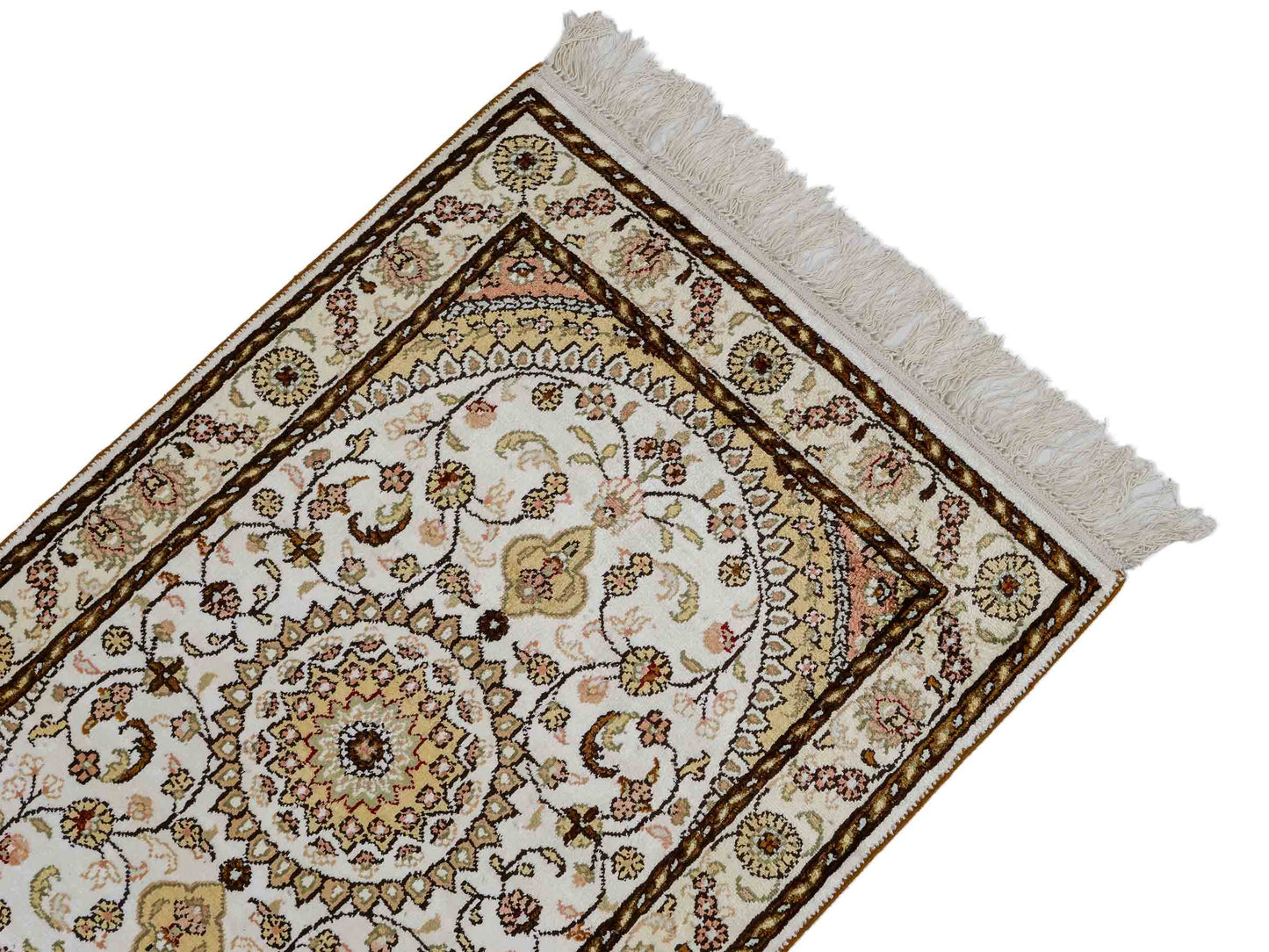 Feiner, handgeknüpfter, chinesischer Orientteppich mit Nain Design aus Kunstseide, weiß, creme, gold. 88x59 cm. Verkauf durch Jupiter Intl.