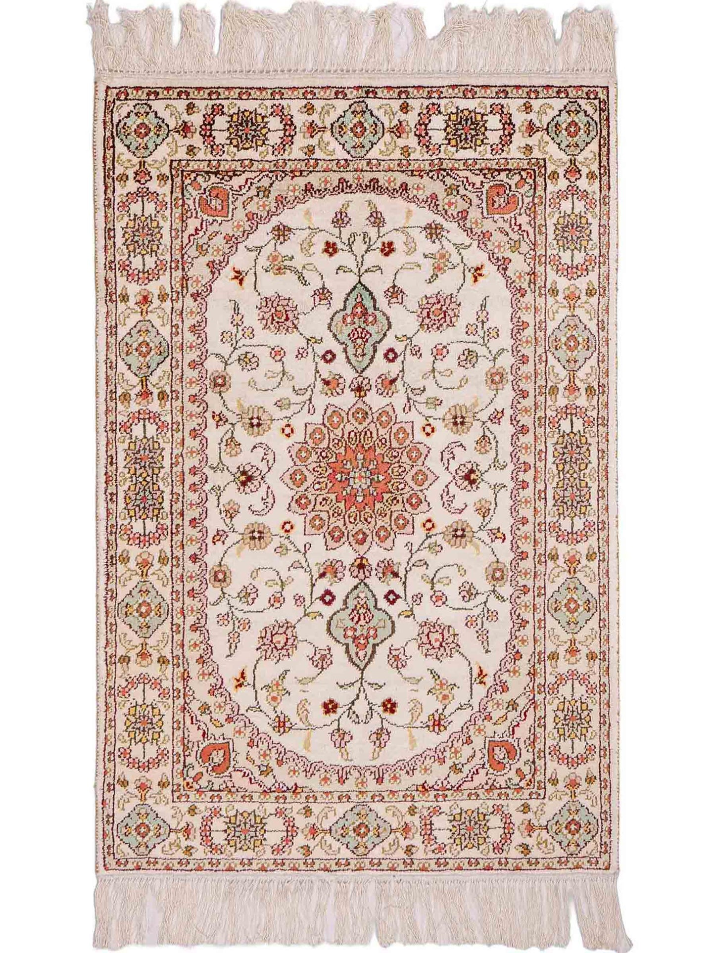 Feiner, handgeknüpfter, chinesischer Orientteppich mit Nain Design aus Kunstseide, creme, weiß. 89x59 cm. Verkauf durch Jupiter Intl.