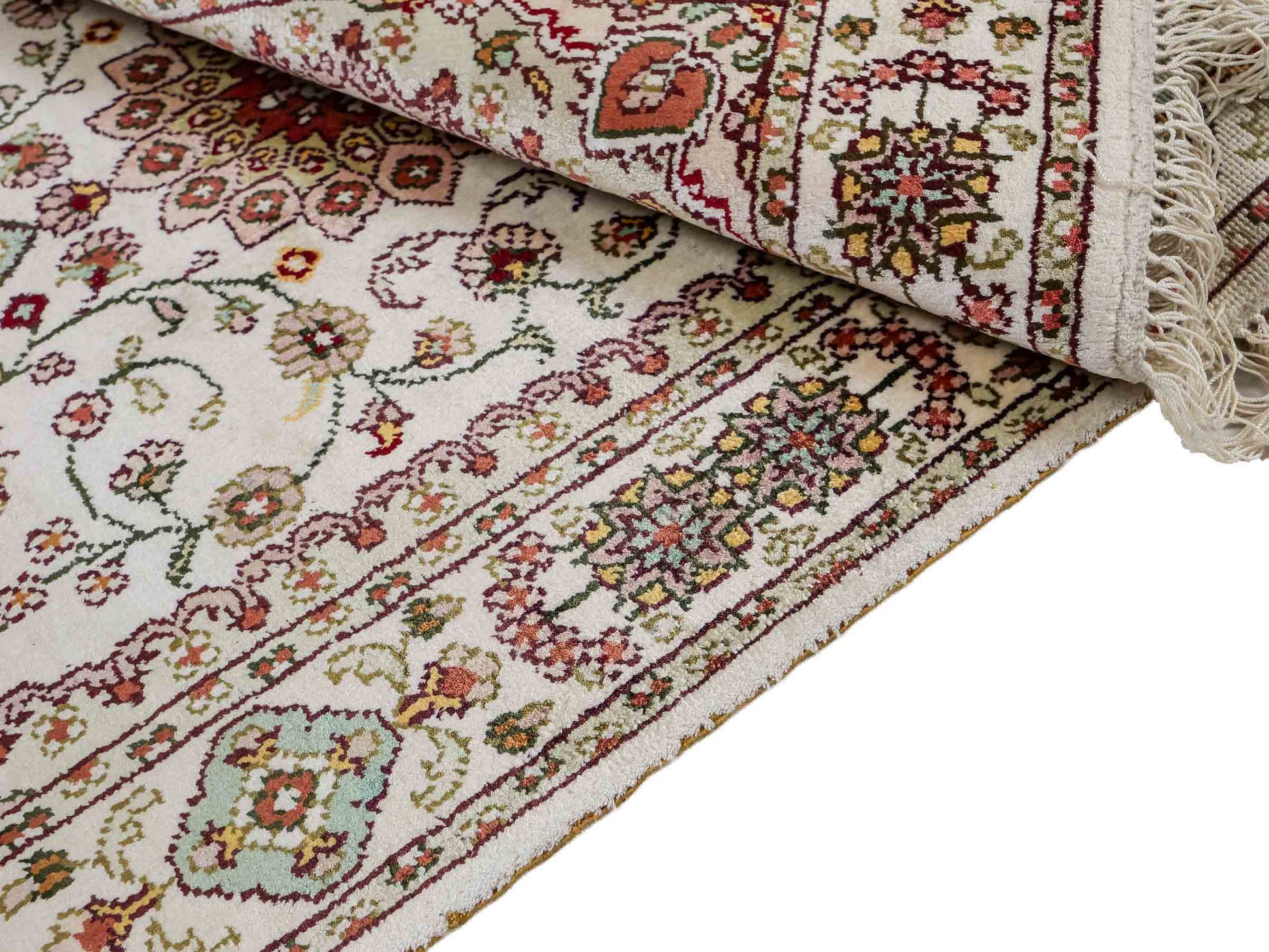 Feiner, handgeknüpfter, chinesischer Orientteppich mit Nain Design aus Kunstseide, creme, weiß. 89x59 cm. Verkauf durch Jupiter Intl.