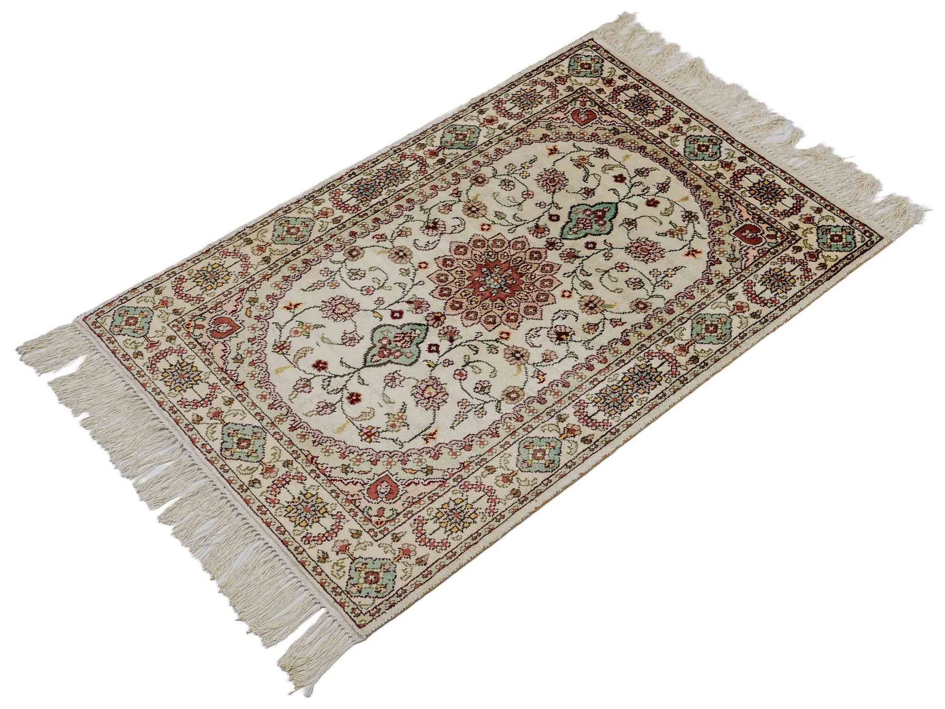 Feiner, handgeknüpfter, chinesischer Orientteppich mit Nain Design aus Kunstseide, creme, weiß. 89x59 cm. Verkauf durch Jupiter Intl.
