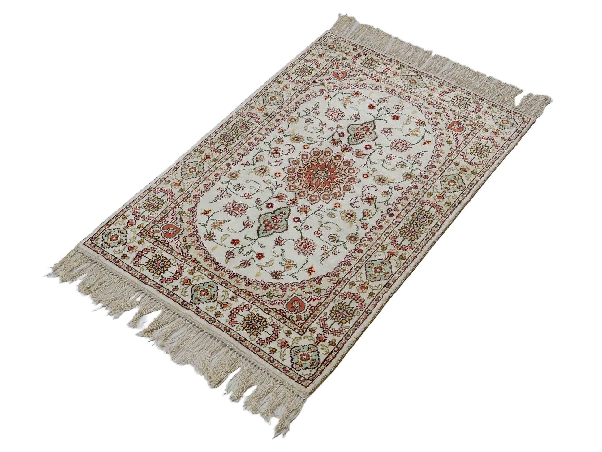 Feiner, handgeknüpfter, chinesischer Orientteppich mit Nain Design aus Kunstseide, creme, weiß. 89x59 cm. Verkauf durch Jupiter Intl.