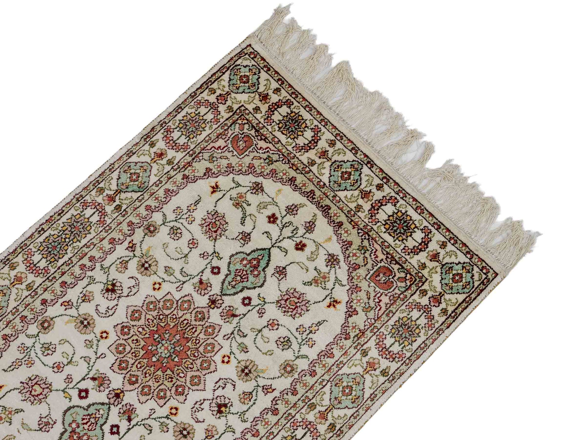 Feiner, handgeknüpfter, chinesischer Orientteppich mit Nain Design aus Kunstseide, creme, weiß. 89x59 cm. Verkauf durch Jupiter Intl.