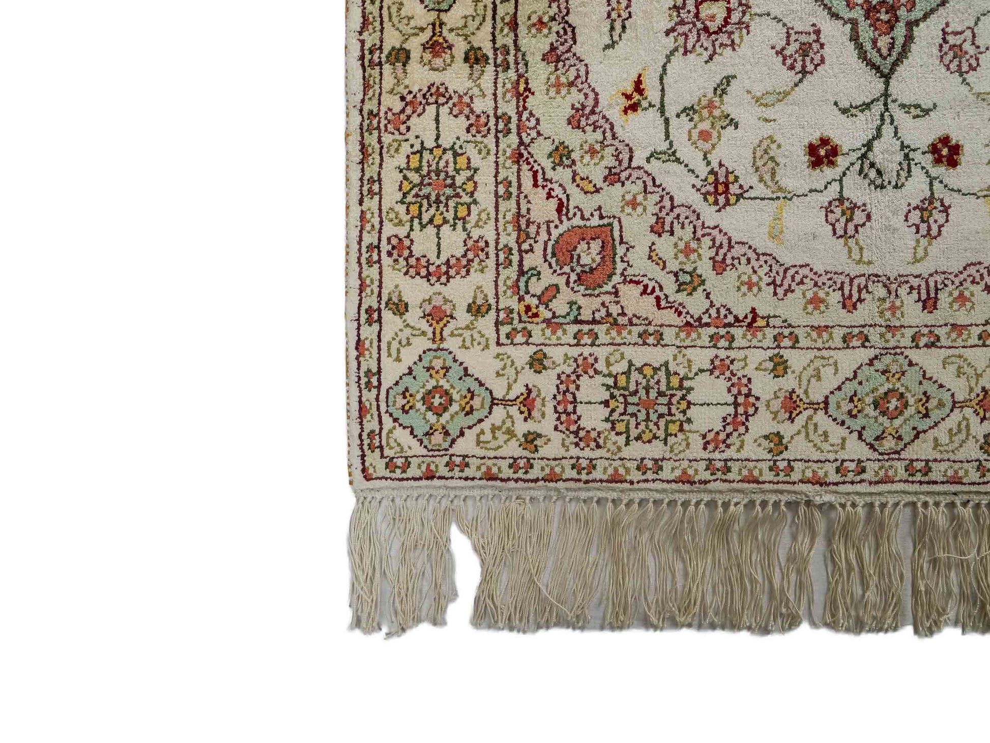 Feiner, handgeknüpfter, chinesischer Orientteppich mit Nain Design aus Kunstseide, creme, weiß. 89x59 cm. Verkauf durch Jupiter Intl.