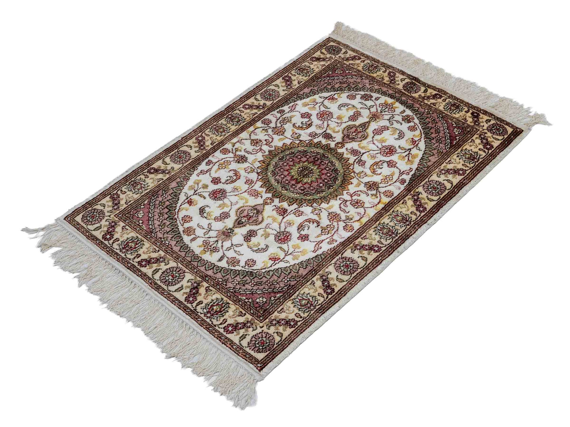 Feiner, handgeknüpfter, chinesischer Orientteppich mit Nain Design aus Kunstseide, weiß, creme. 89x59 cm. Verkauf durch Jupiter Intl.