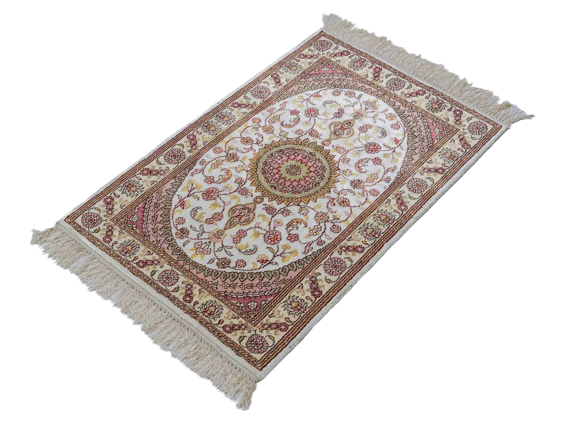 Feiner, handgeknüpfter, chinesischer Orientteppich mit Nain Design aus Kunstseide, weiß, creme. 89x59 cm. Verkauf durch Jupiter Intl.