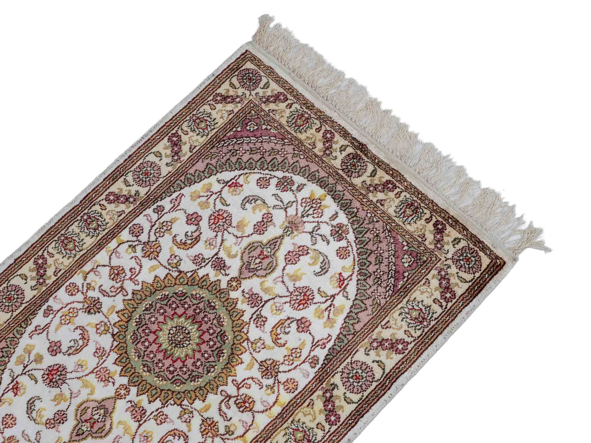 Feiner, handgeknüpfter, chinesischer Orientteppich mit Nain Design aus Kunstseide, weiß, creme. 89x59 cm. Verkauf durch Jupiter Intl.