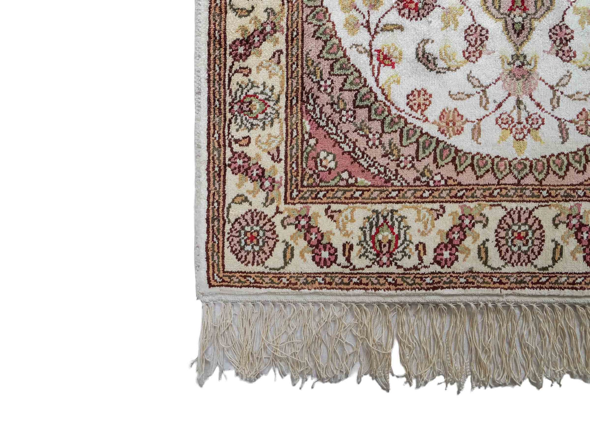 Feiner, handgeknüpfter, chinesischer Orientteppich mit Nain Design aus Kunstseide, weiß, creme. 89x59 cm. Verkauf durch Jupiter Intl.
