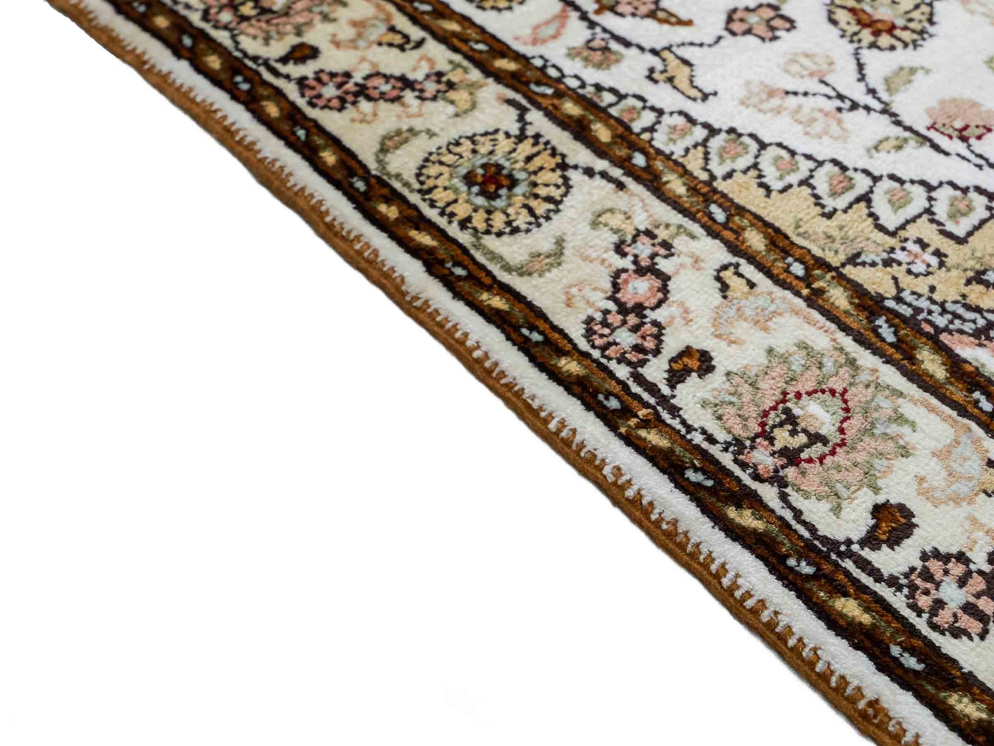 Feiner, handgeknüpfter, chinesischer Orientteppich mit Nain Design aus Kunstseide, weiß, creme, gold. 89x61 cm. Verkauf durch Jupiter Intl.