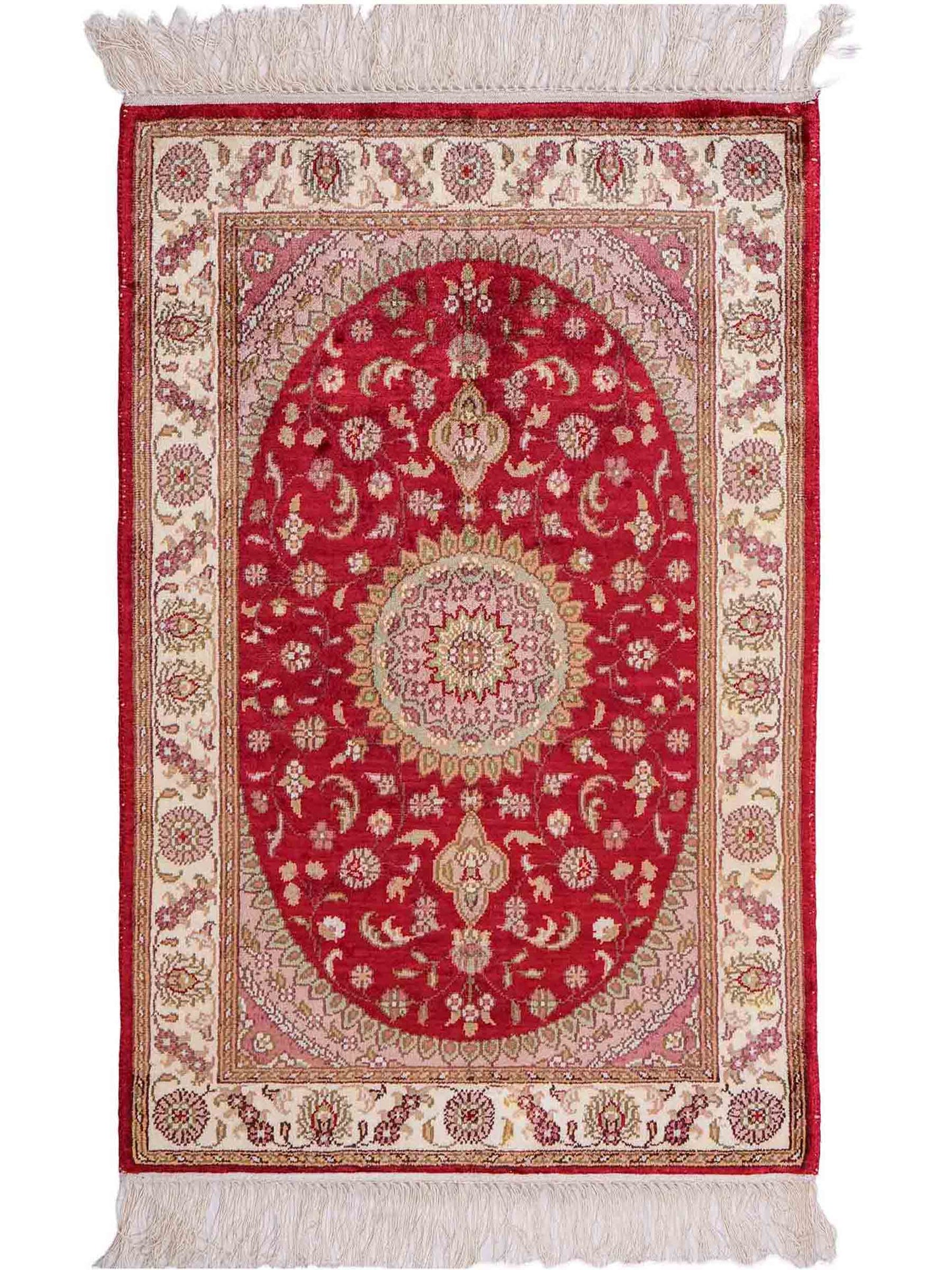 Feiner, handgeknüpfter, chinesischer Orientteppich mit Nain Design aus Kunstseide, rot, creme, weiß. 90x59 cm. Verkauf durch Jupiter Intl.