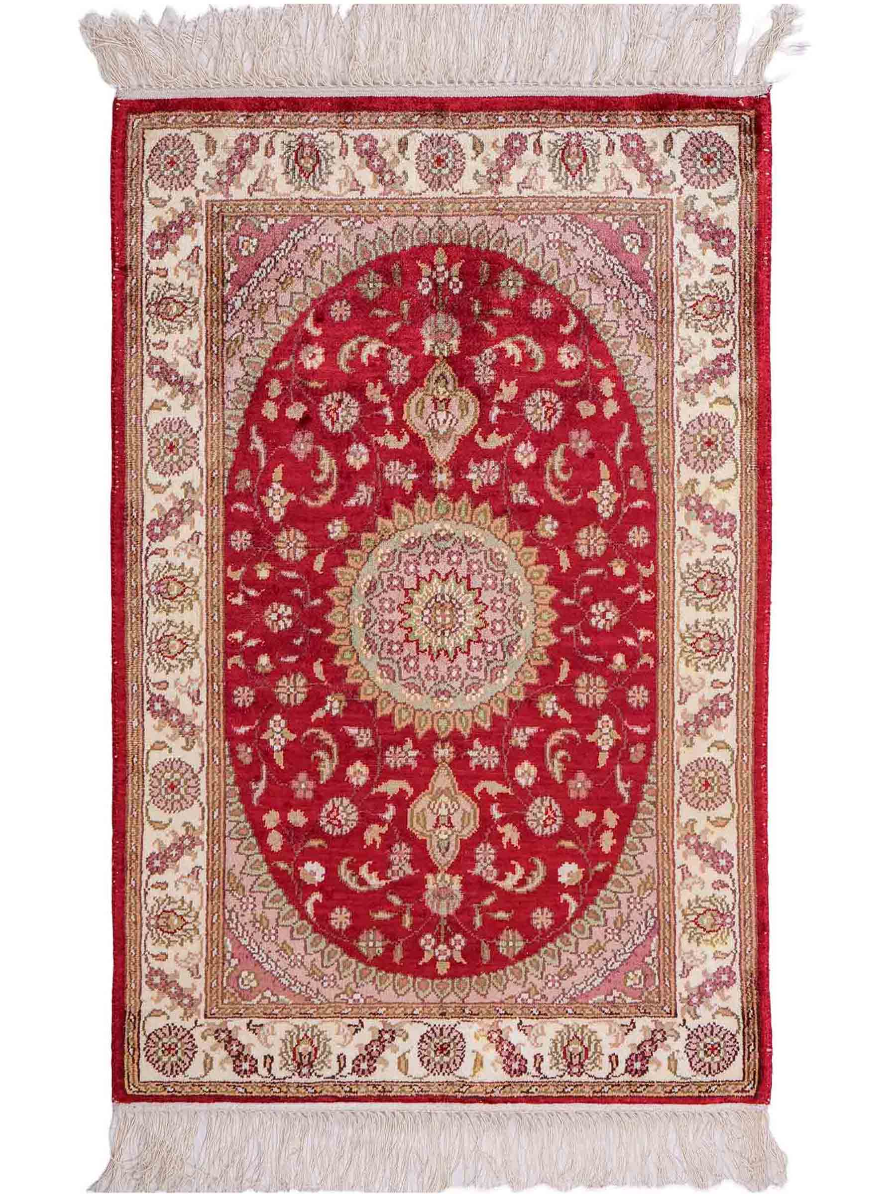 Feiner, handgeknüpfter, chinesischer Orientteppich mit Nain Design aus Kunstseide, rot, creme, weiß. 90x59 cm. Verkauf durch Jupiter Intl.