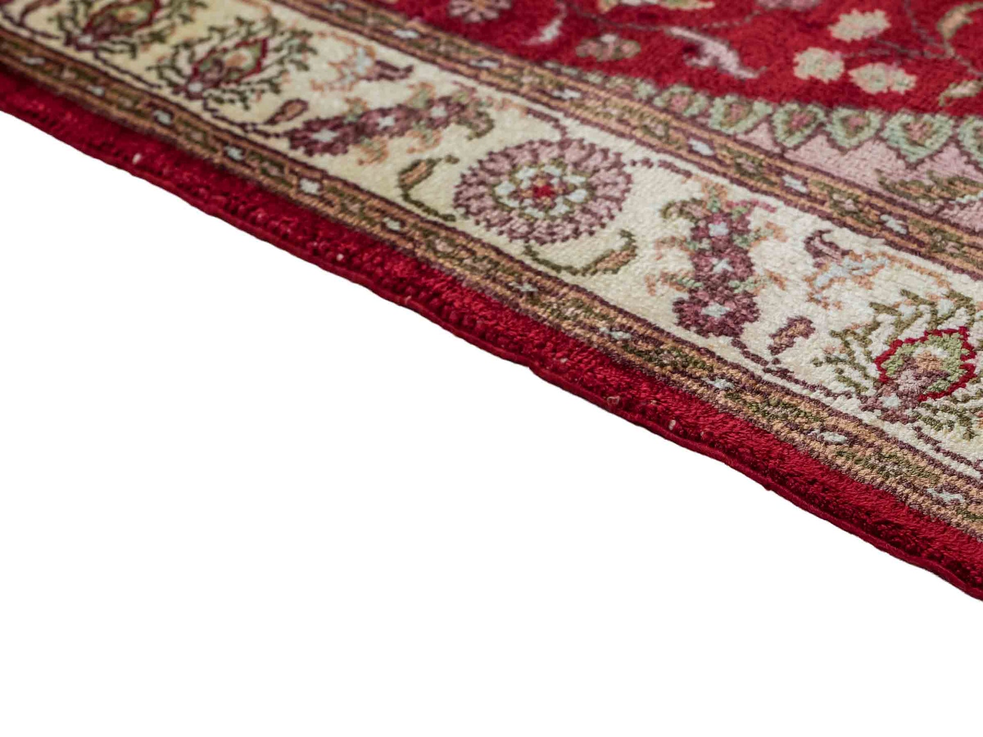 Feiner, handgeknüpfter, chinesischer Orientteppich mit Nain Design aus Kunstseide, rot, creme, weiß. 90x59 cm. Verkauf durch Jupiter Intl.