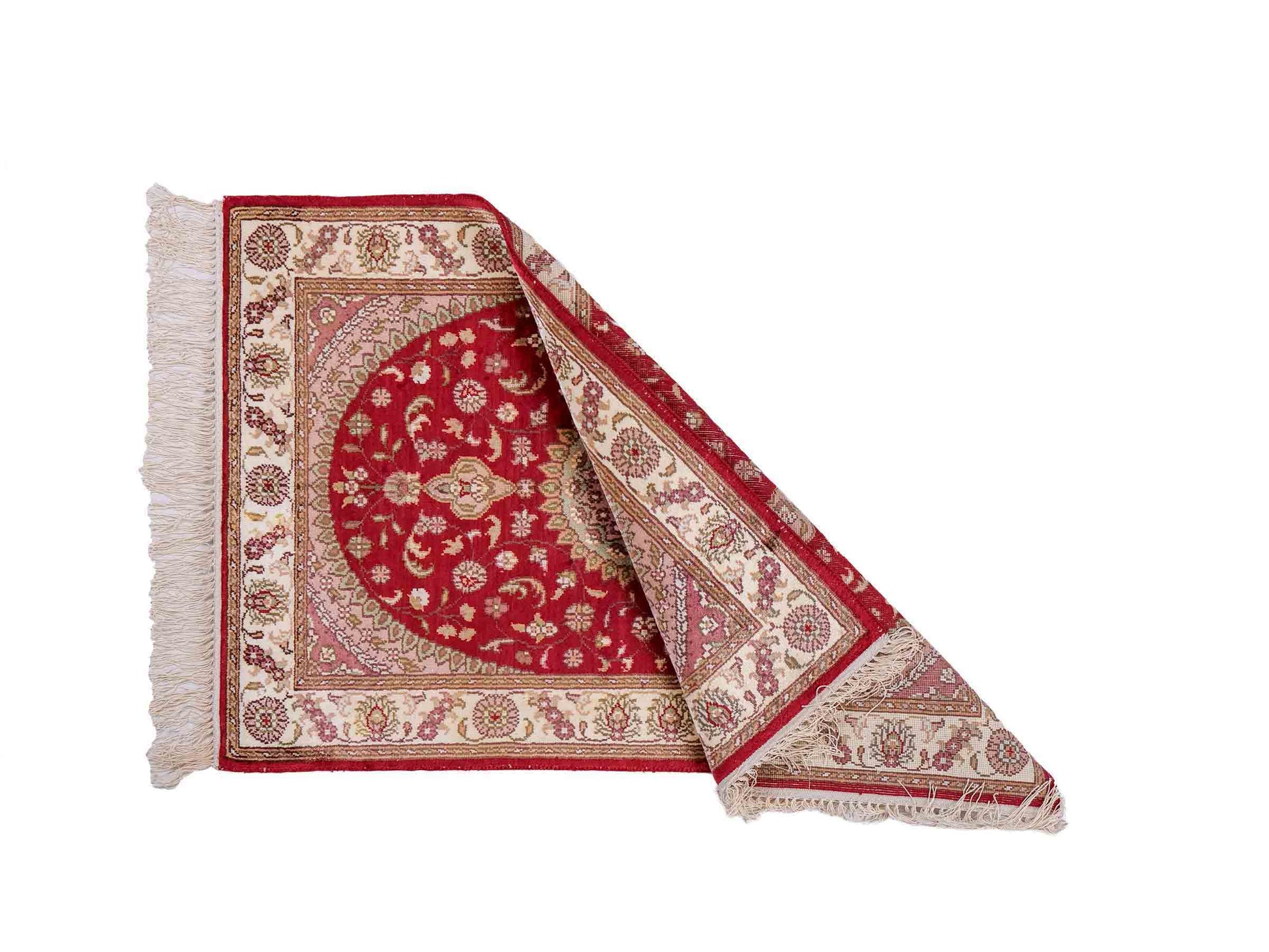 Feiner, handgeknüpfter, chinesischer Orientteppich mit Nain Design aus Kunstseide, rot, creme, weiß. 90x59 cm. Verkauf durch Jupiter Intl.