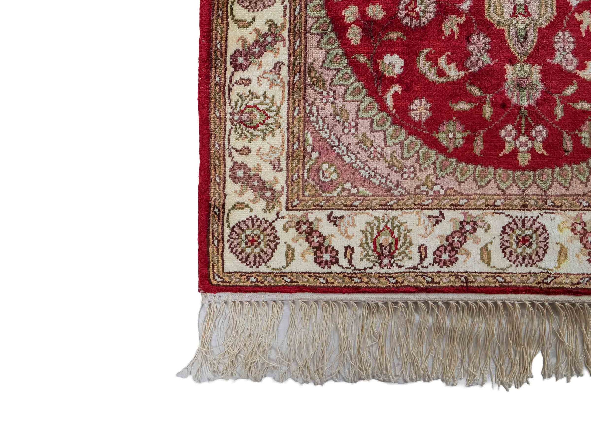 Feiner, handgeknüpfter, chinesischer Orientteppich mit Nain Design aus Kunstseide, rot, creme, weiß. 90x59 cm. Verkauf durch Jupiter Intl.