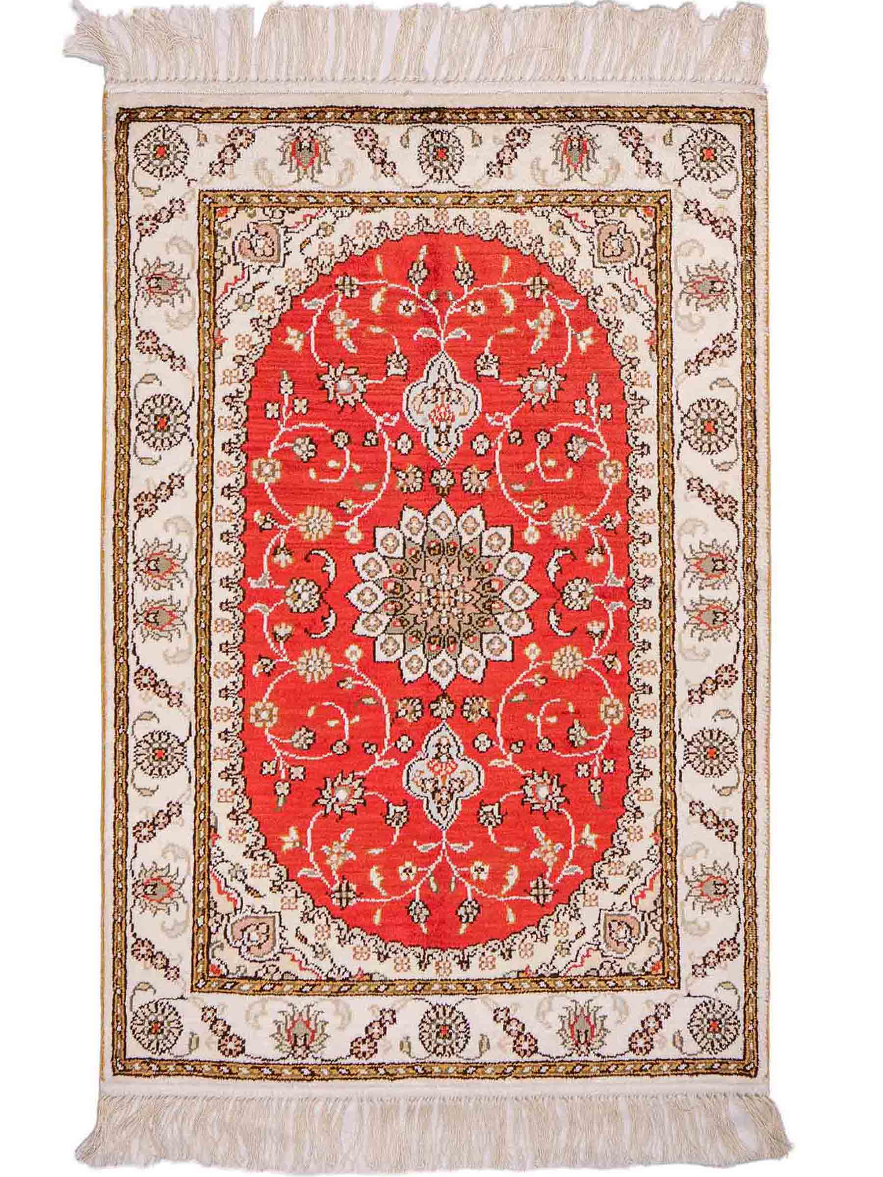 Feiner, handgeknüpfter, chinesischer Orientteppich mit Nain Design aus Kunstseide, rot, weiß, creme. 93x61 cm. Verkauf durch Jupiter Intl.