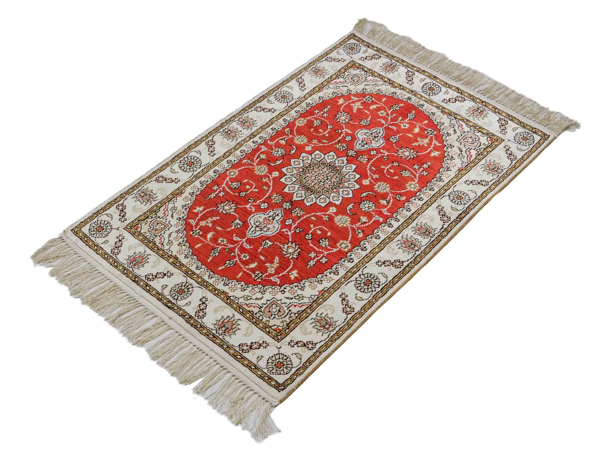 Feiner, handgeknüpfter, chinesischer Orientteppich mit Nain Design aus Kunstseide, rot, weiß, creme. 93x61 cm. Verkauf durch Jupiter Intl.