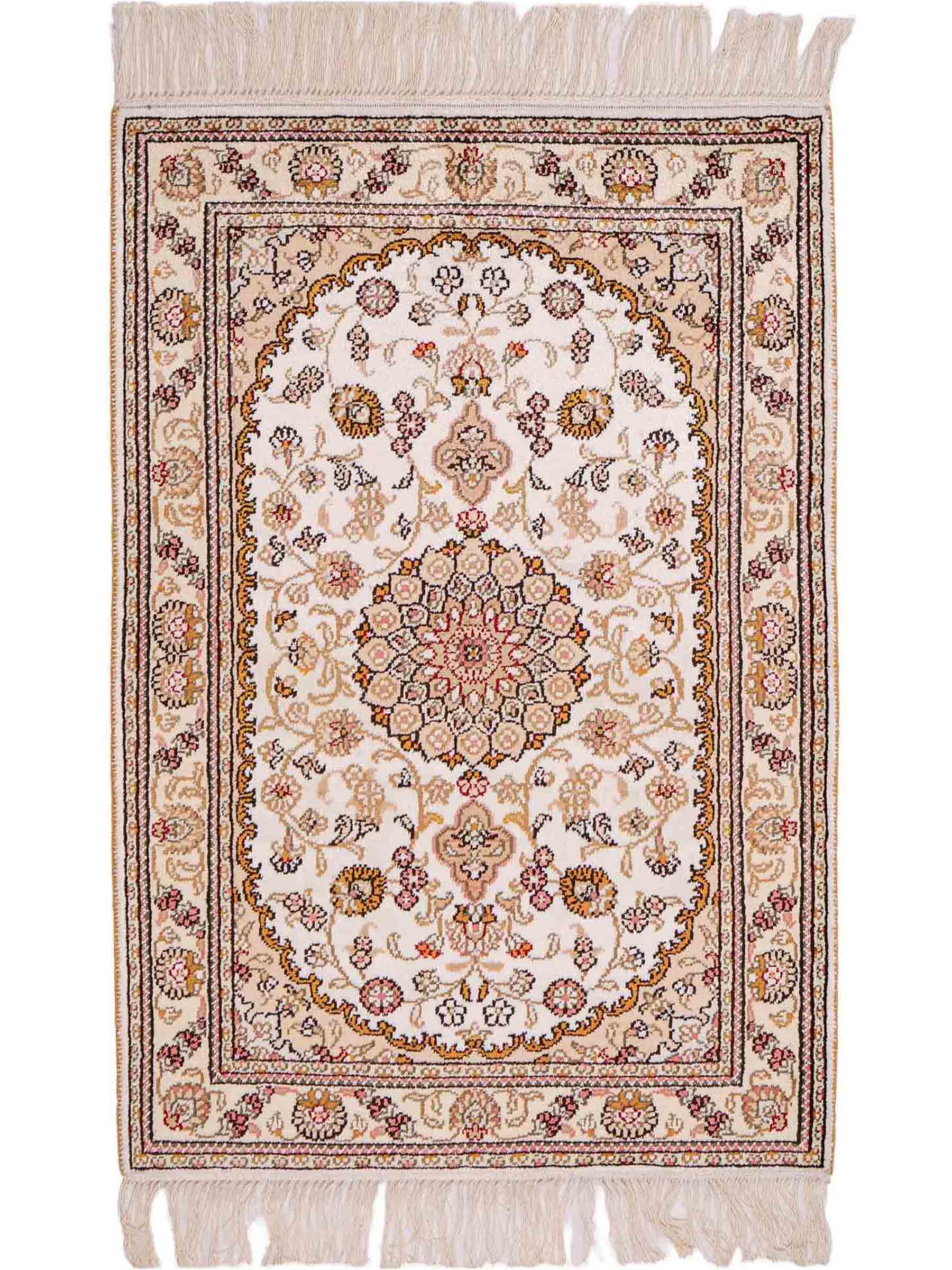 Feiner, handgeknüpfter, chinesischer Orientteppich mit Nain Design aus Kunstseide, creme, weiß, gold. 93x63 cm. Verkauf durch Jupiter Intl.