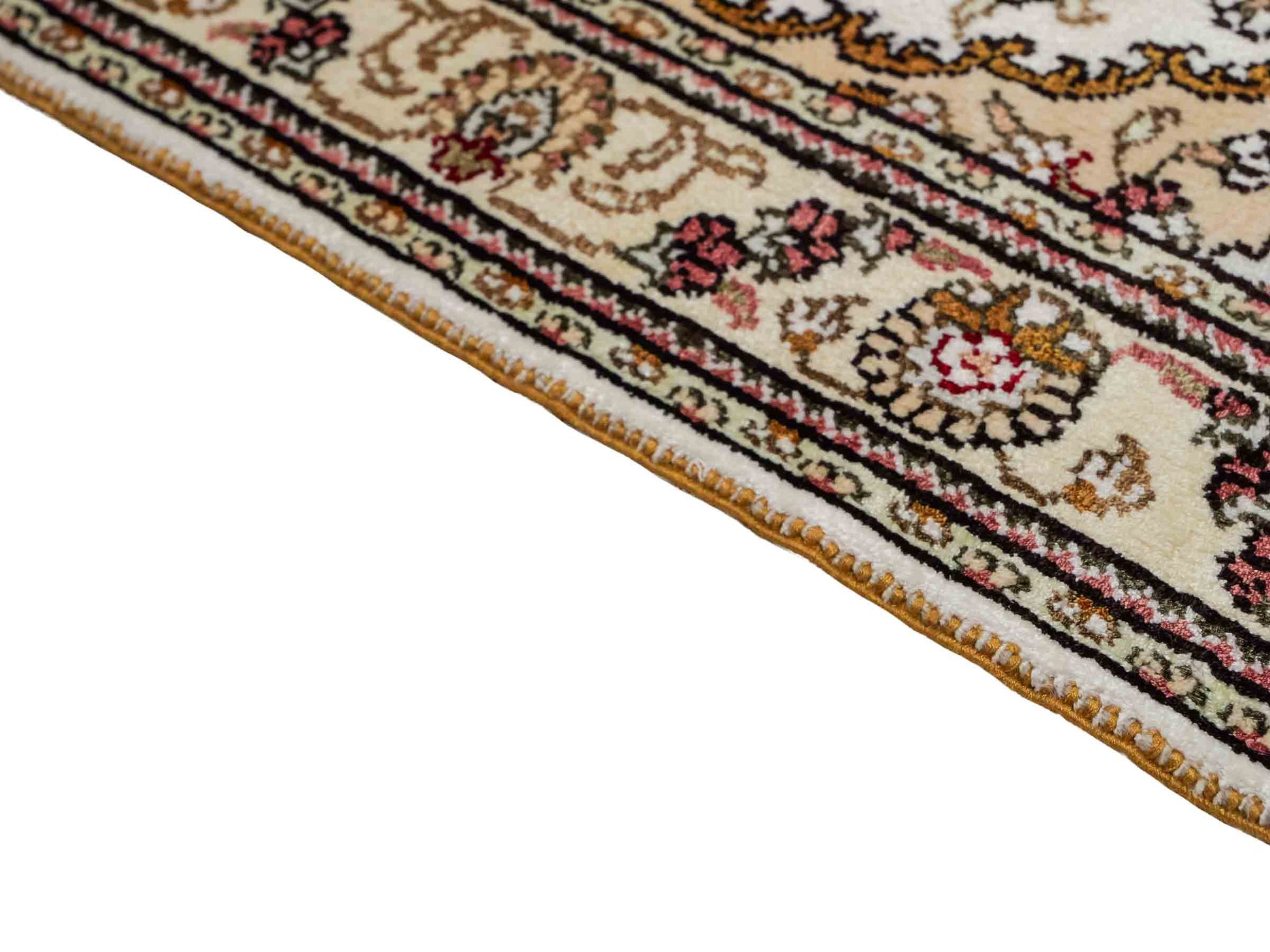 Feiner, handgeknüpfter, chinesischer Orientteppich mit Nain Design aus Kunstseide, creme, weiß, gold. 93x63 cm. Verkauf durch Jupiter Intl.