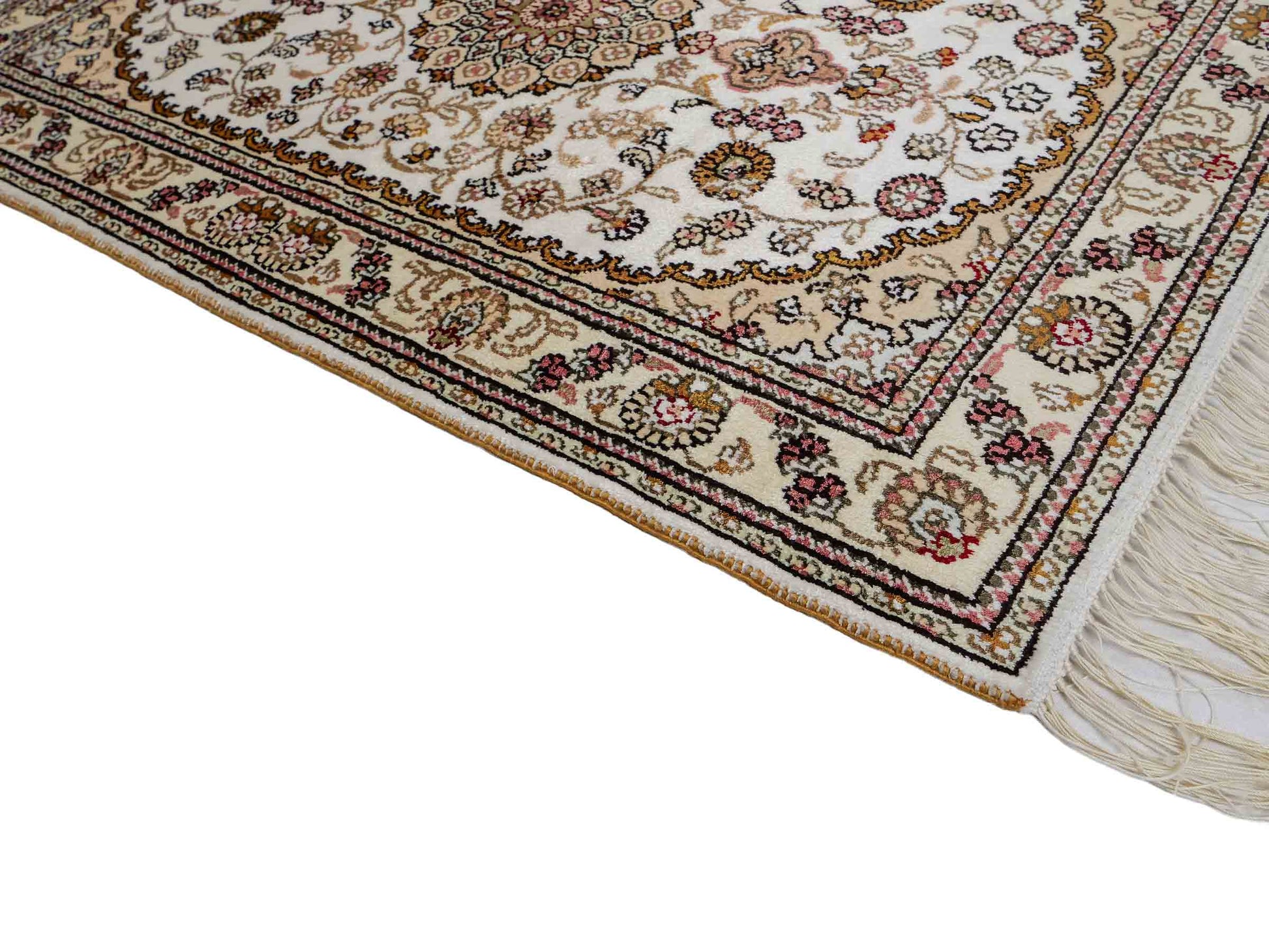 Feiner, handgeknüpfter, chinesischer Orientteppich mit Nain Design aus Kunstseide, creme, weiß, gold. 93x63 cm. Verkauf durch Jupiter Intl.