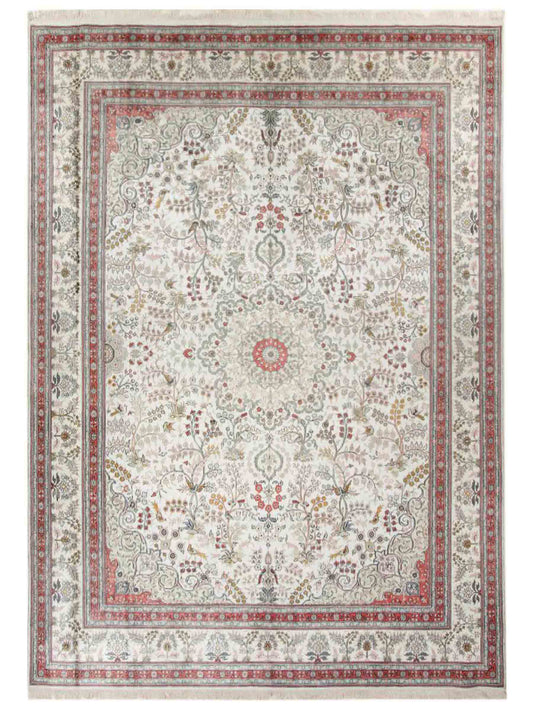 Feiner, handgeknüpfter, chinesischer Orientteppich mit Ghom Design aus Viskose, creme, weiß, rosa. 359x273 cm. Verkauf durch Jupiter Intl.