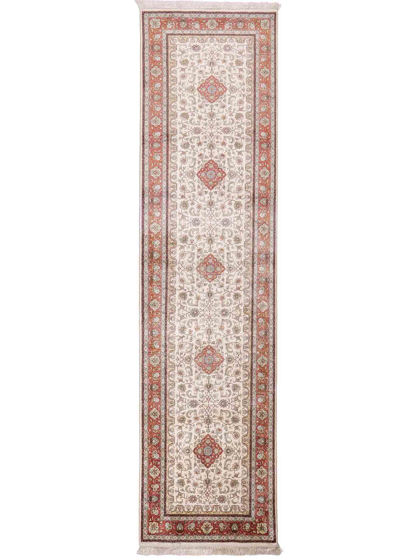 Sehr feiner, handgeknüpfter, chinesischer Orientteppich Läufer mit Hereke Design aus Viskose, creme, weiß, rosa. 309x78 cm. Verkauf durch Jupiter Intl.