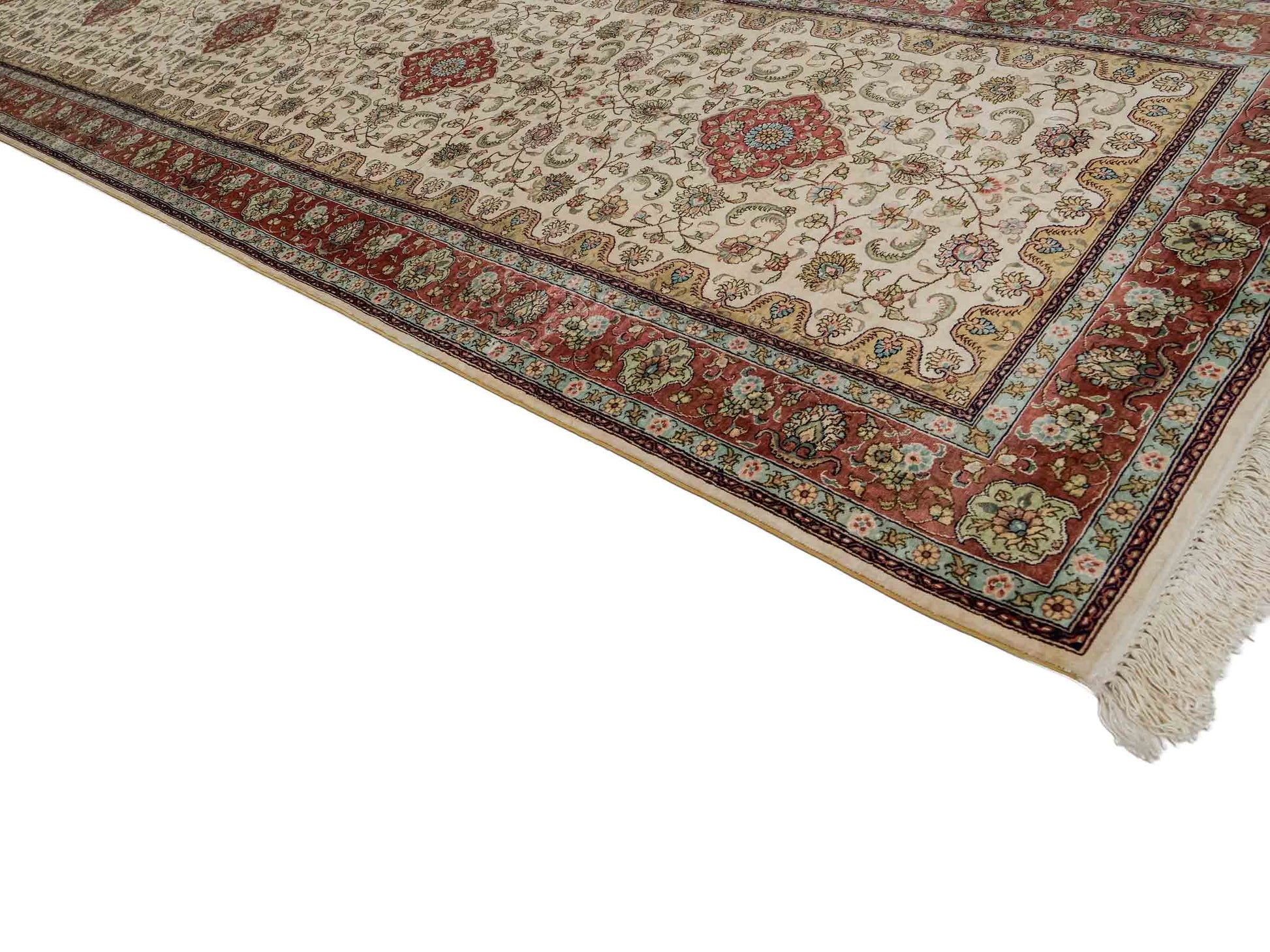 Sehr feiner, handgeknüpfter, chinesischer Orientteppich Läufer mit Hereke Design aus Viskose, creme, weiß, rosa. 309x78 cm. Verkauf durch Jupiter Intl.