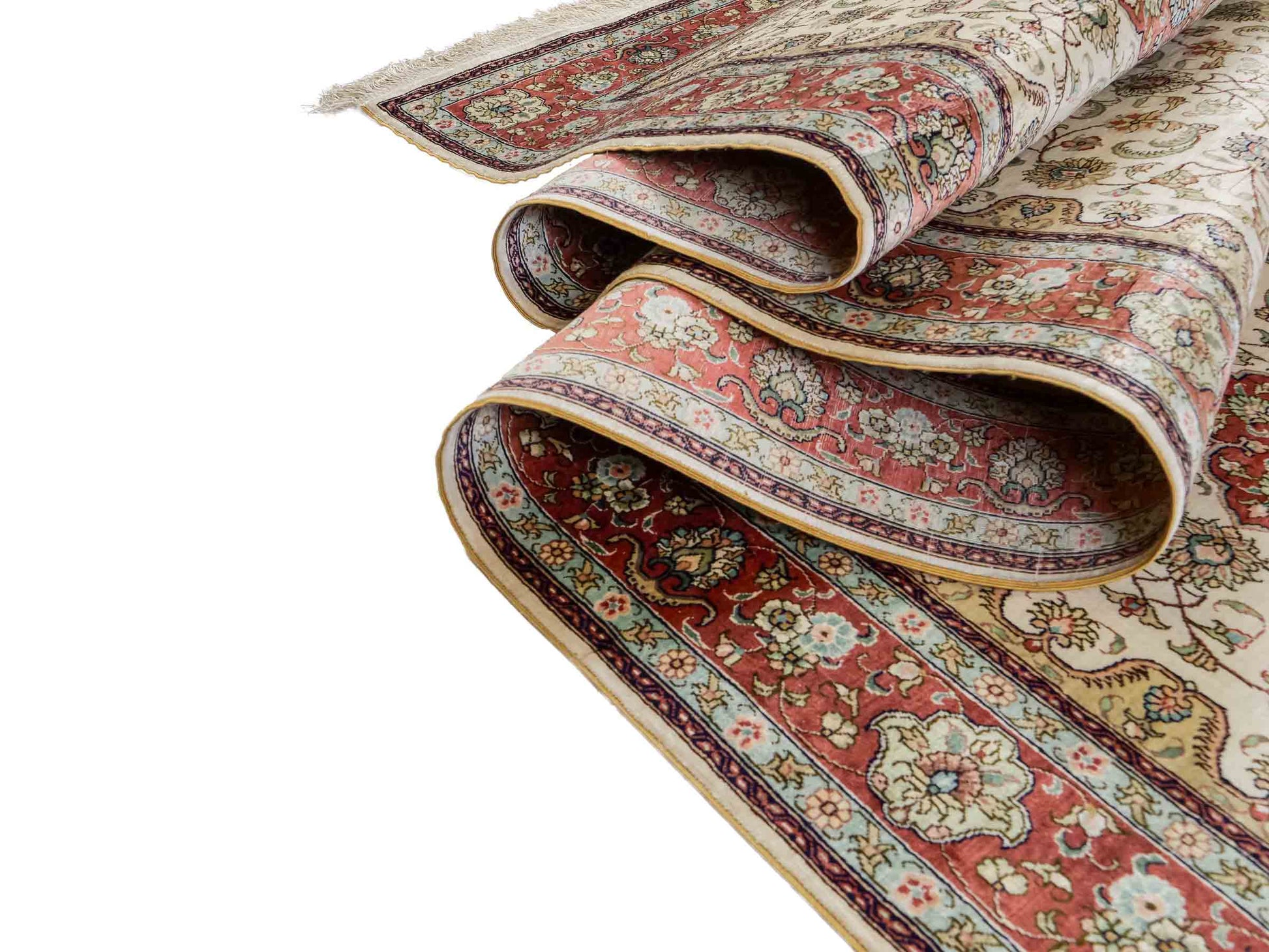 Sehr feiner, handgeknüpfter, chinesischer Orientteppich Läufer mit Hereke Design aus Viskose, creme, weiß, rosa. 309x78 cm. Verkauf durch Jupiter Intl.