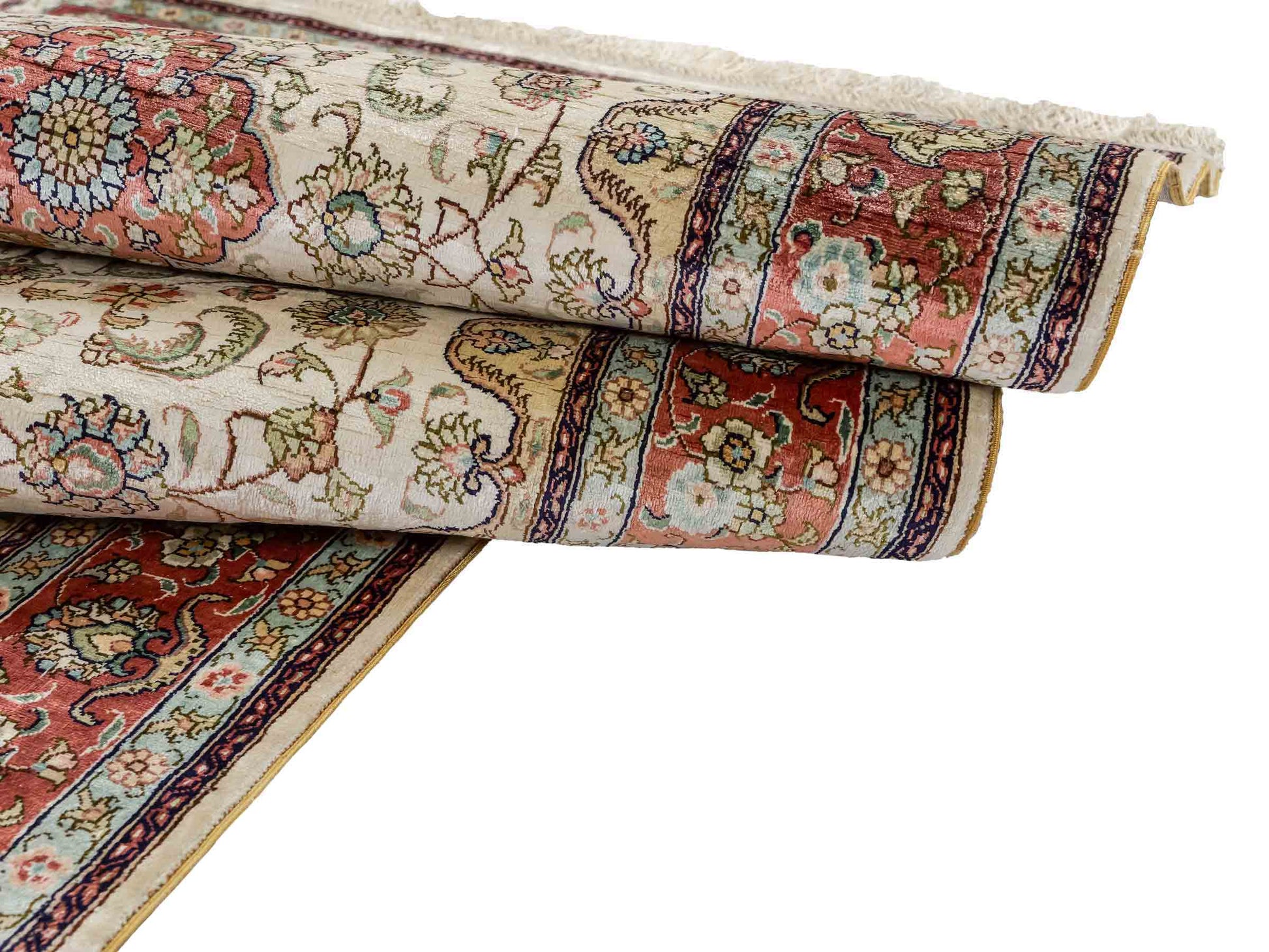Sehr feiner, handgeknüpfter, chinesischer Orientteppich Läufer mit Hereke Design aus Viskose, creme, weiß, rosa. 309x78 cm. Verkauf durch Jupiter Intl.