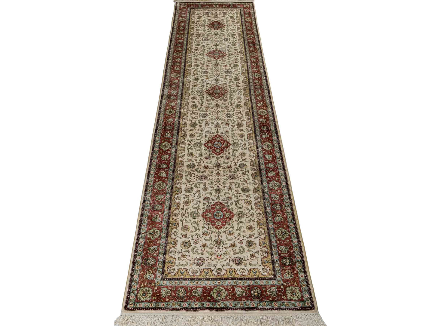 Sehr feiner, handgeknüpfter, chinesischer Orientteppich Läufer mit Hereke Design aus Viskose, creme, weiß, rosa. 309x78 cm. Verkauf durch Jupiter Intl.