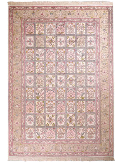 Sehr feiner, handgeknüpfter, chinesischer Orientteppich mit Hereke Design aus Viskose, creme, weiß, multicolor. 263x183 cm. Verkauf durch Jupiter Intl.