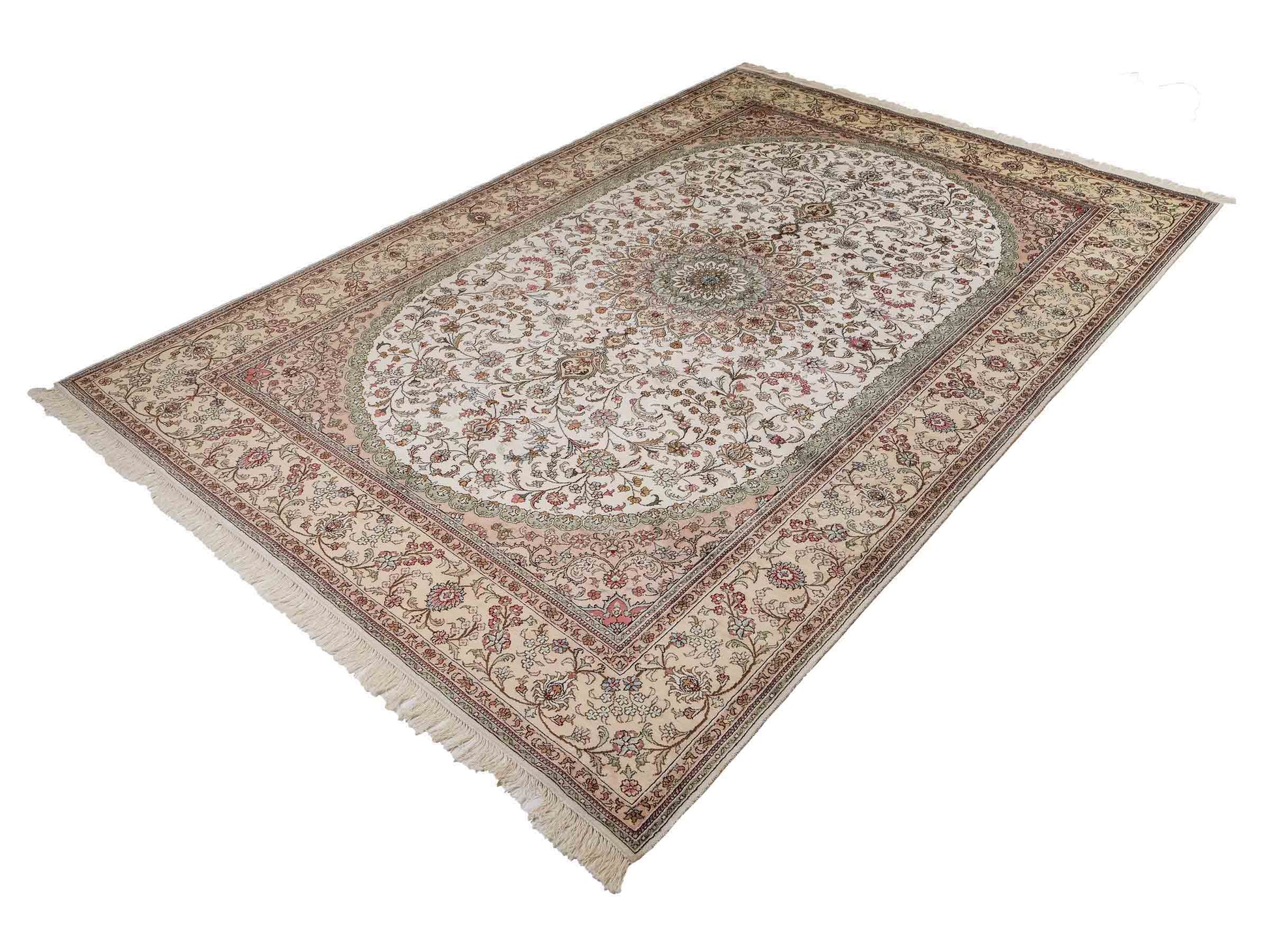 Feiner, handgeknüpfter, chinesischer Orientteppich mit Nain Design aus Viskose, creme, weiß, multicolor. 278x185 cm. Verkauf durch Jupiter Intl.