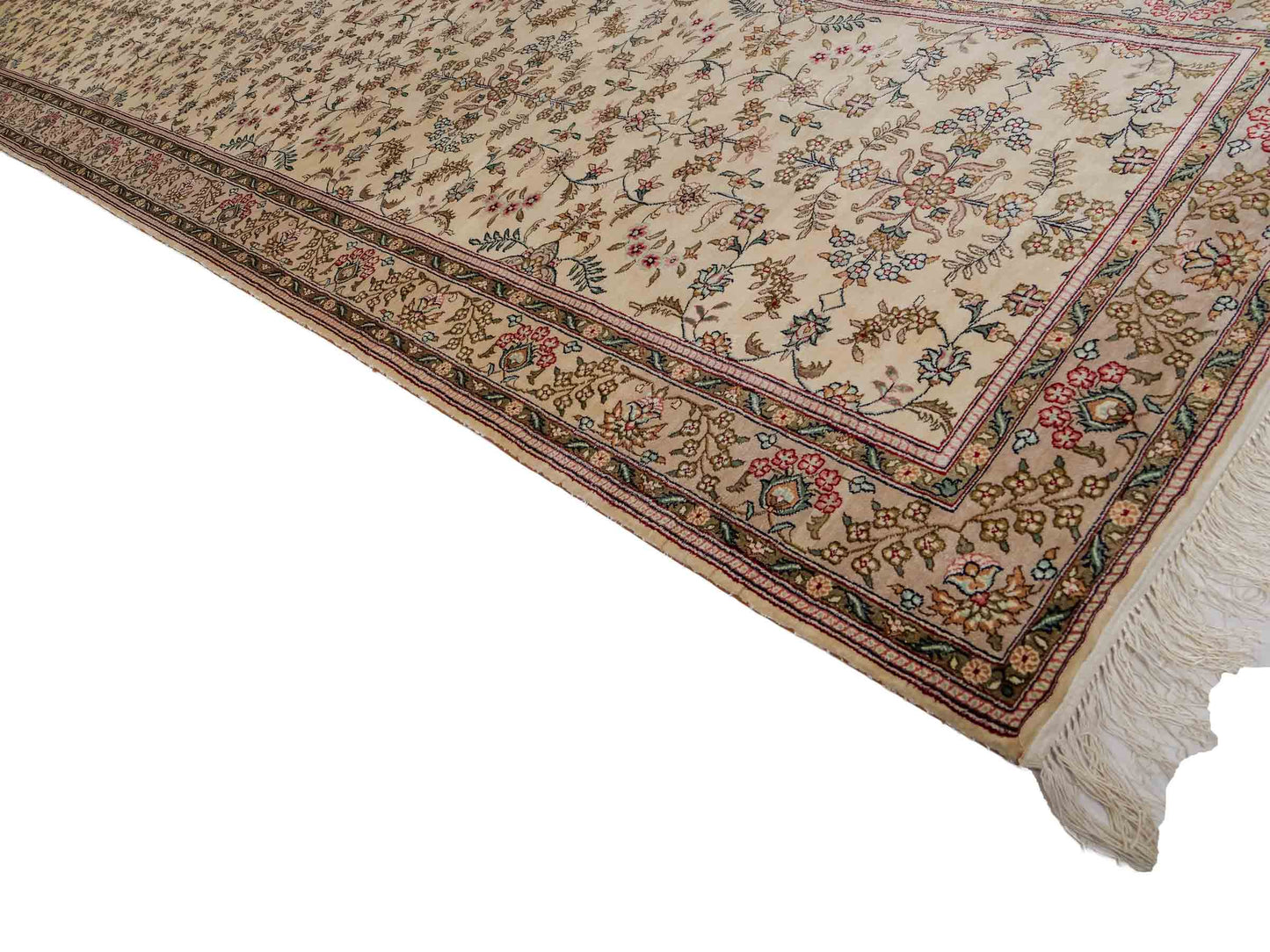 Sehr feiner, handgeknüpfter, chinesischer Orientteppich Läufer mit Hereke Design aus Viskose, creme, weiß. 303x79 cm. Verkauf durch Jupiter Intl.