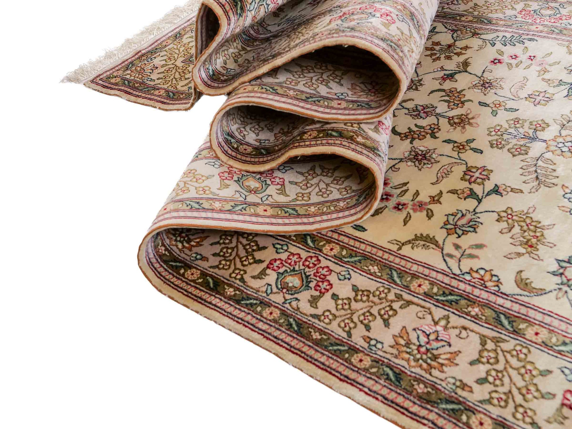 Sehr feiner, handgeknüpfter, chinesischer Orientteppich Läufer mit Hereke Design aus Viskose, creme, weiß. 303x79 cm. Verkauf durch Jupiter Intl.