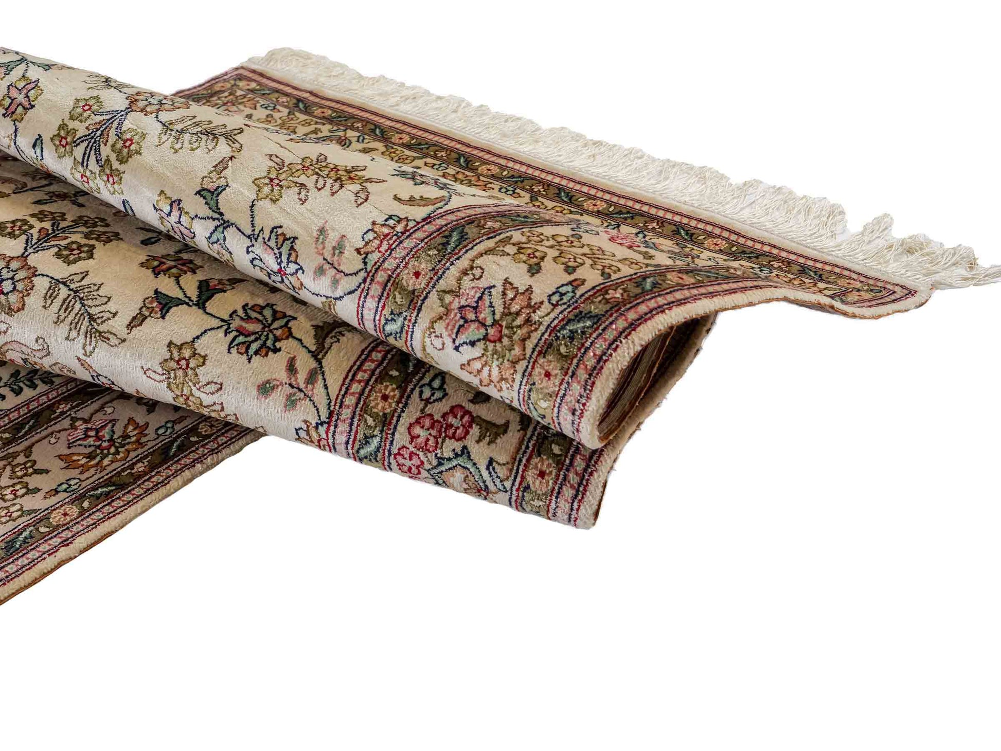 Sehr feiner, handgeknüpfter, chinesischer Orientteppich Läufer mit Hereke Design aus Viskose, creme, weiß. 303x79 cm. Verkauf durch Jupiter Intl.