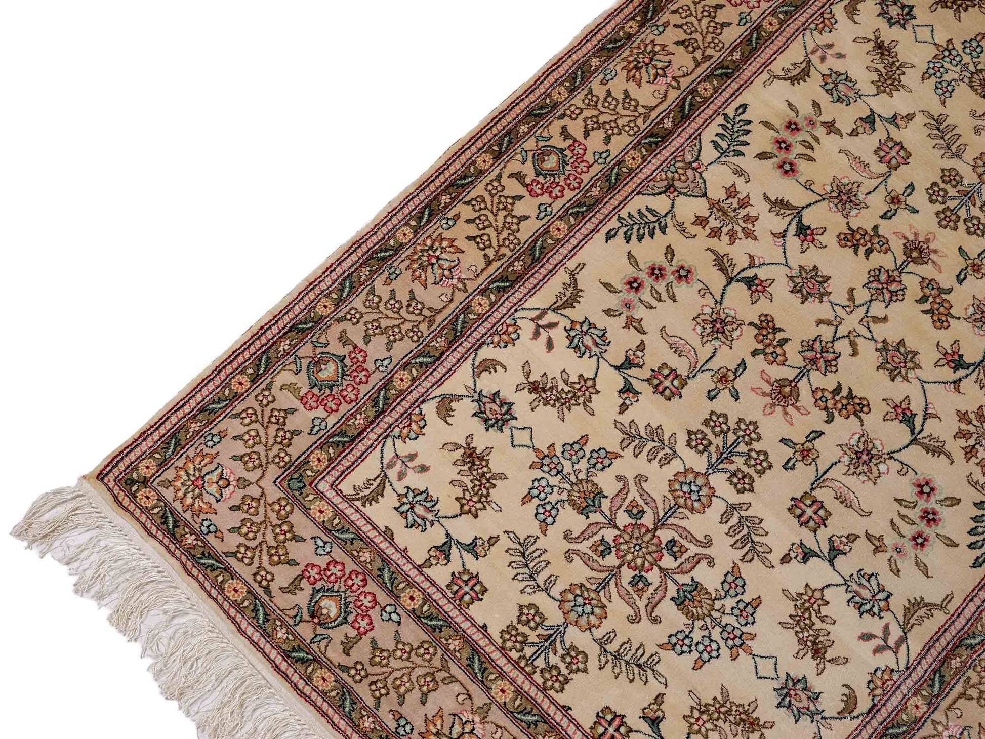 Sehr feiner, handgeknüpfter, chinesischer Orientteppich Läufer mit Hereke Design aus Viskose, creme, weiß. 303x79 cm. Verkauf durch Jupiter Intl.