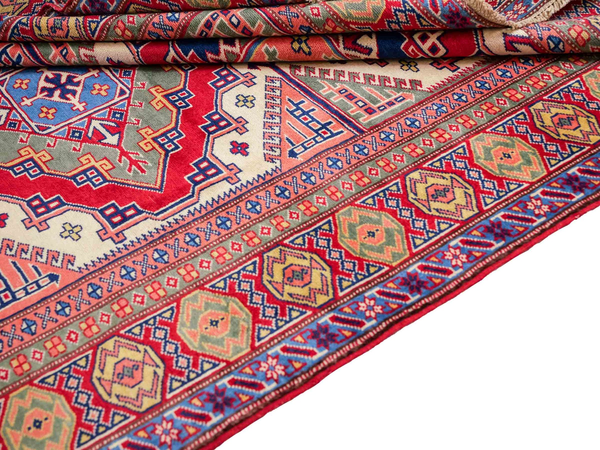 Handgeknüpfter, afghanischer Super Kazak Orientteppich aus Wolle von Khademi. Größe: 177 x 126 cm. Farbe: Rot, gelb, blau, cremeweiß. Verkauf durch JUPITER Intl.