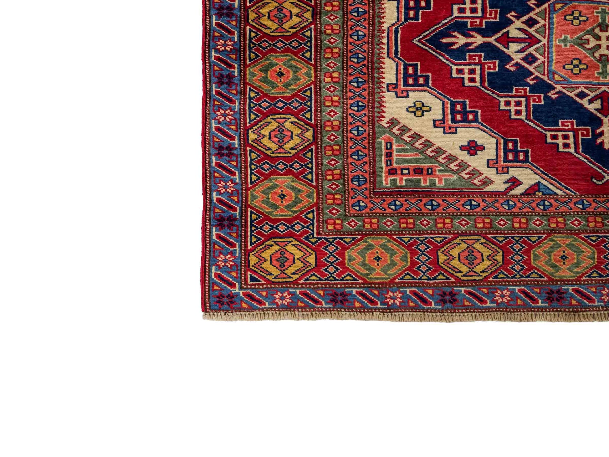 Handgeknüpfter, afghanischer Super Kazak Orientteppich aus Wolle von Khademi. Größe: 177 x 126 cm. Farbe: Rot, gelb, blau, cremeweiß. Verkauf durch JUPITER Intl.