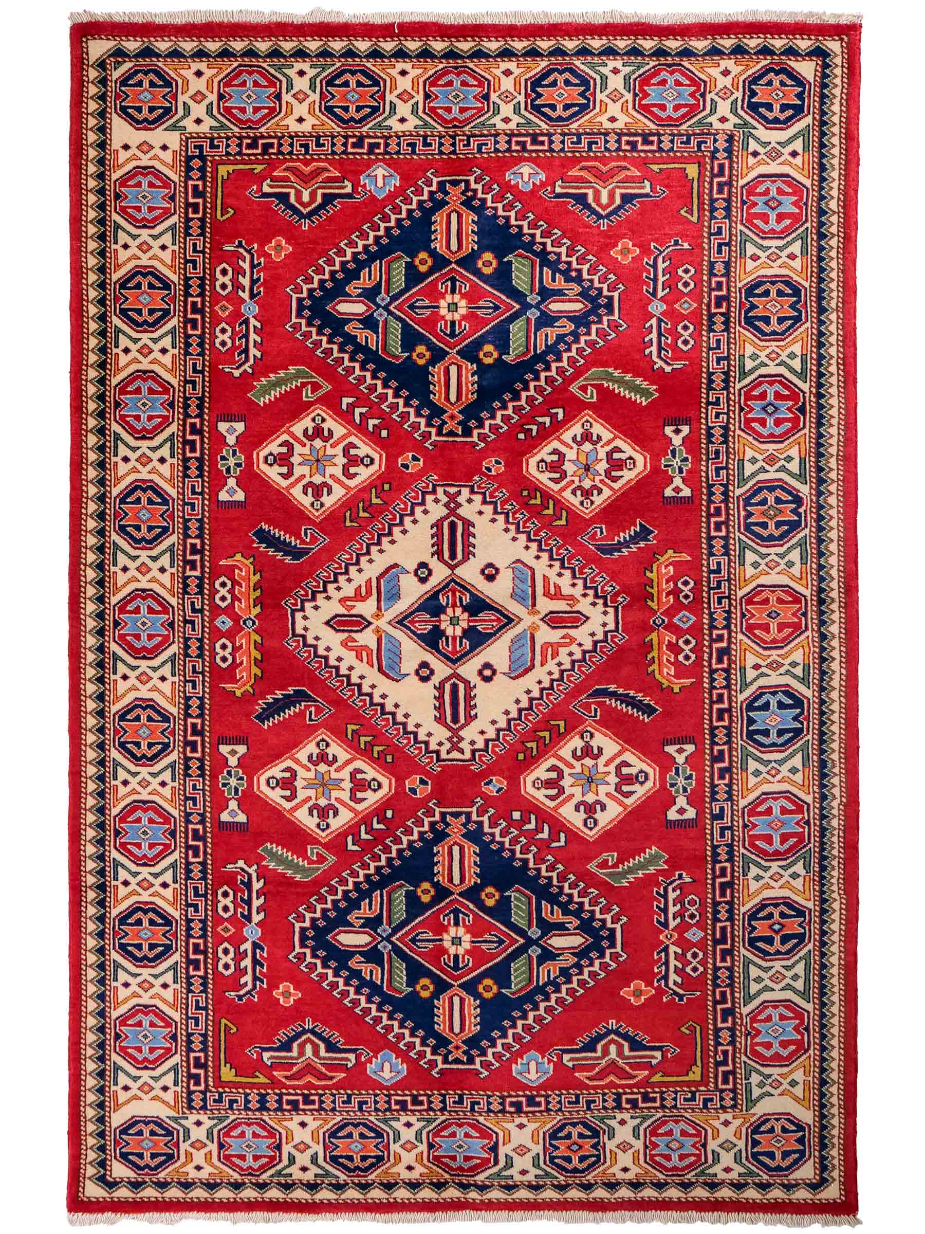 Handgeknüpfter, afghanischer Super Kazak Orientteppich aus Wolle von Khademi. Größe: 178 x 125 cm. Farbe: Rot, cremeweiß. Verkauf durch JUPITER Intl.