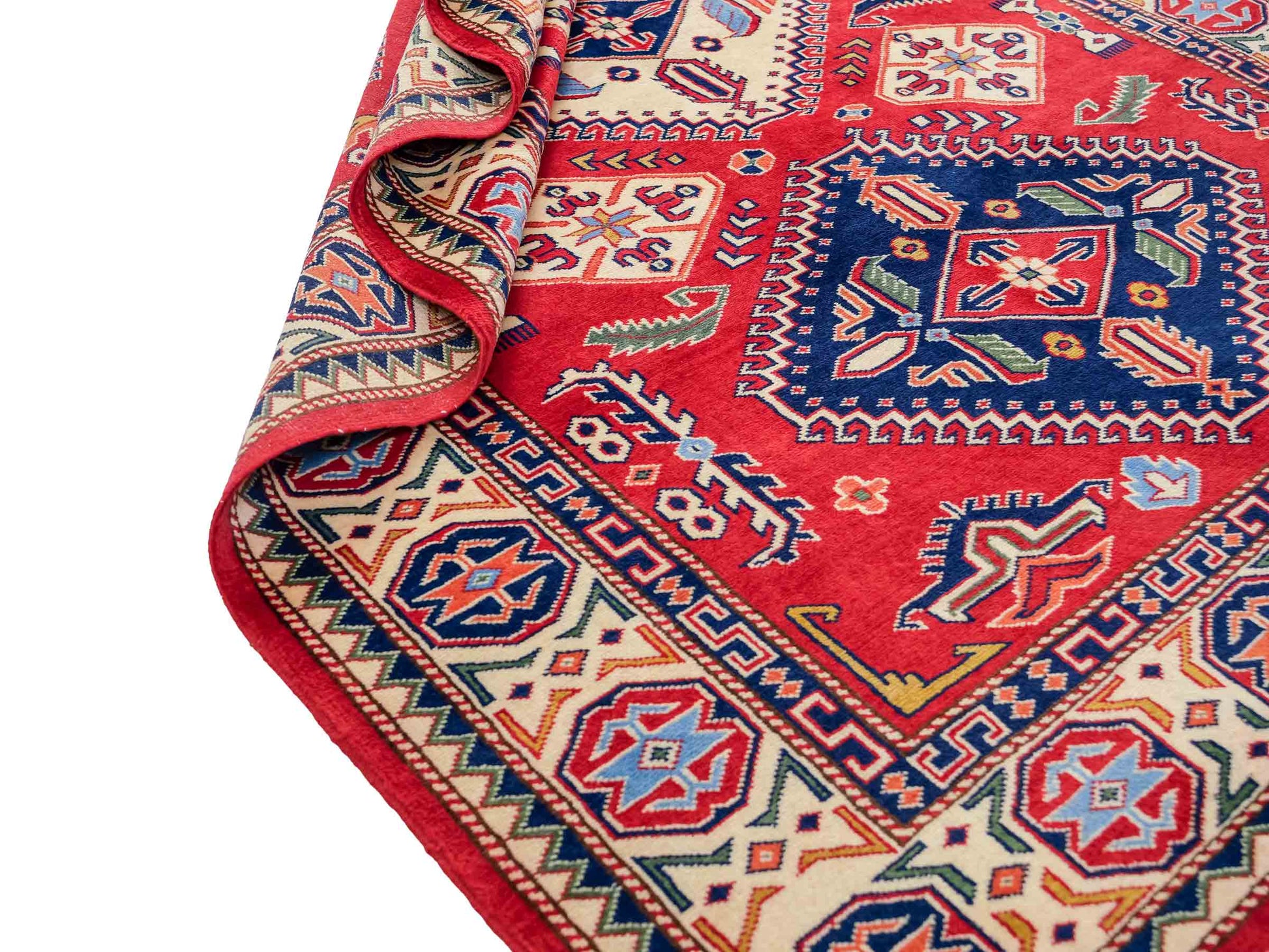 Handgeknüpfter, afghanischer Super Kazak Orientteppich aus Wolle von Khademi. Größe: 178 x 125 cm. Farbe: Rot, cremeweiß. Verkauf durch JUPITER Intl.