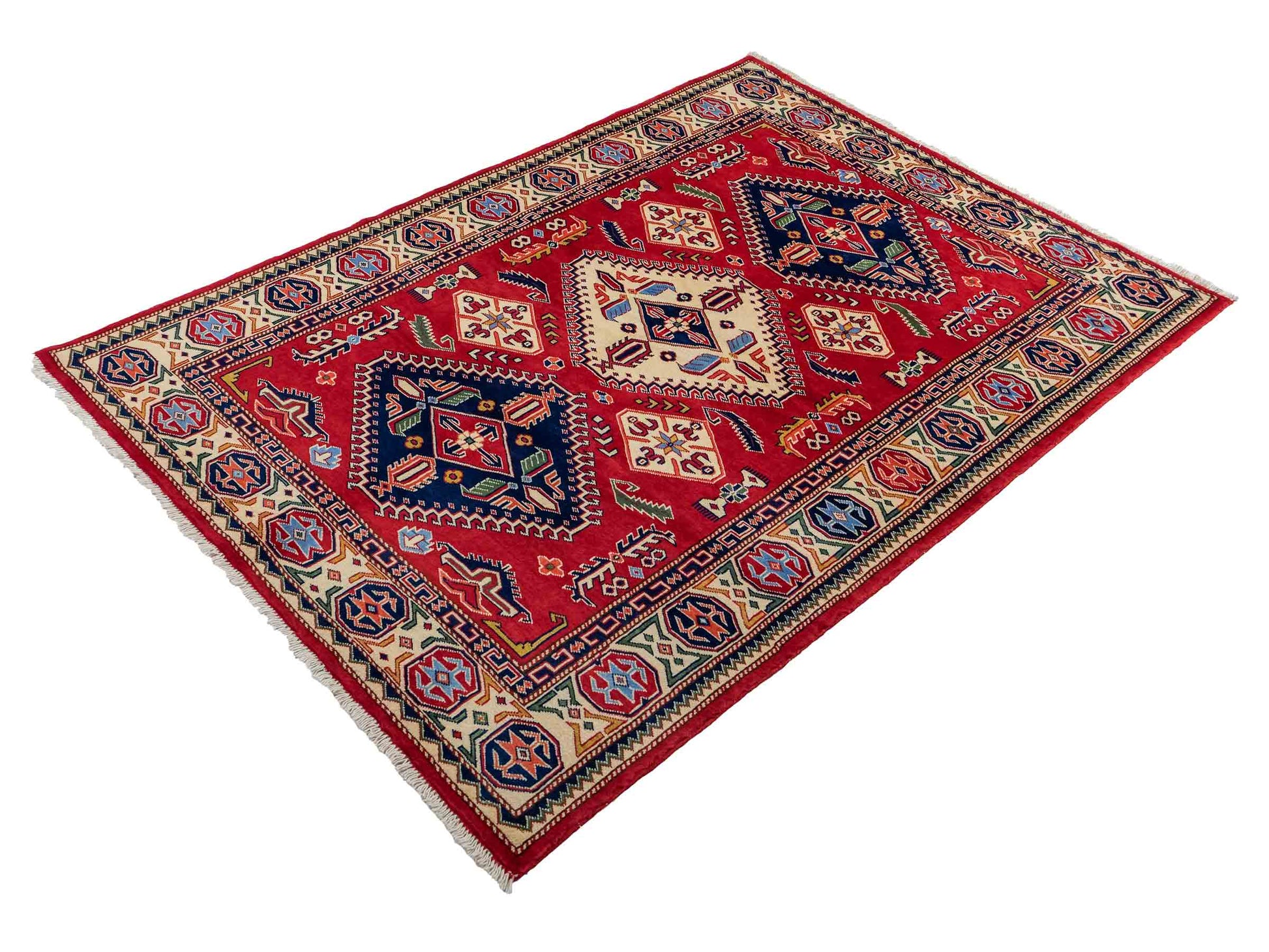 Handgeknüpfter, afghanischer Super Kazak Orientteppich aus Wolle von Khademi. Größe: 178 x 125 cm. Farbe: Rot, cremeweiß. Verkauf durch JUPITER Intl.