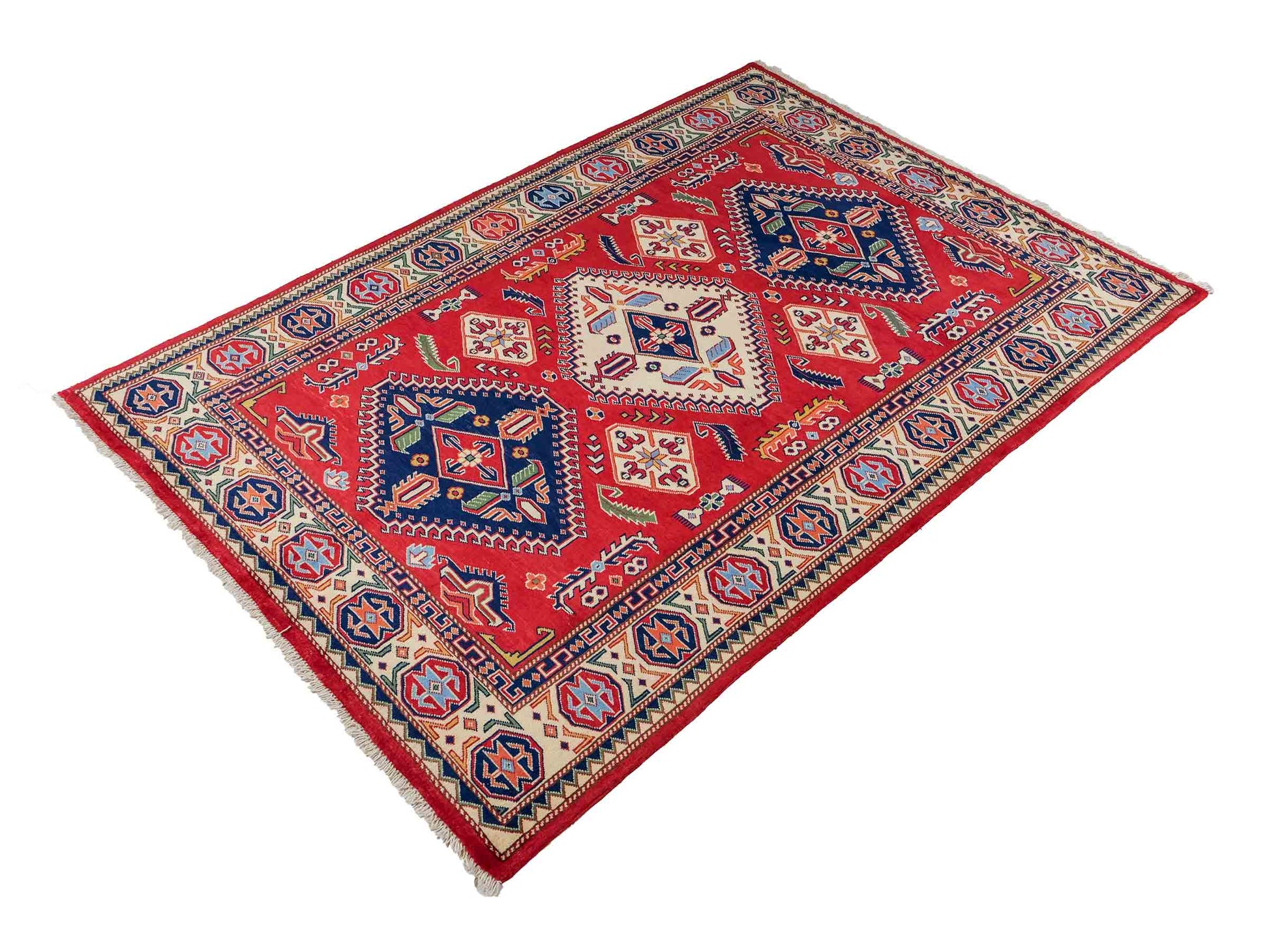 Handgeknüpfter, afghanischer Super Kazak Orientteppich aus Wolle von Khademi. Größe: 178 x 125 cm. Farbe: Rot, cremeweiß. Verkauf durch JUPITER Intl.