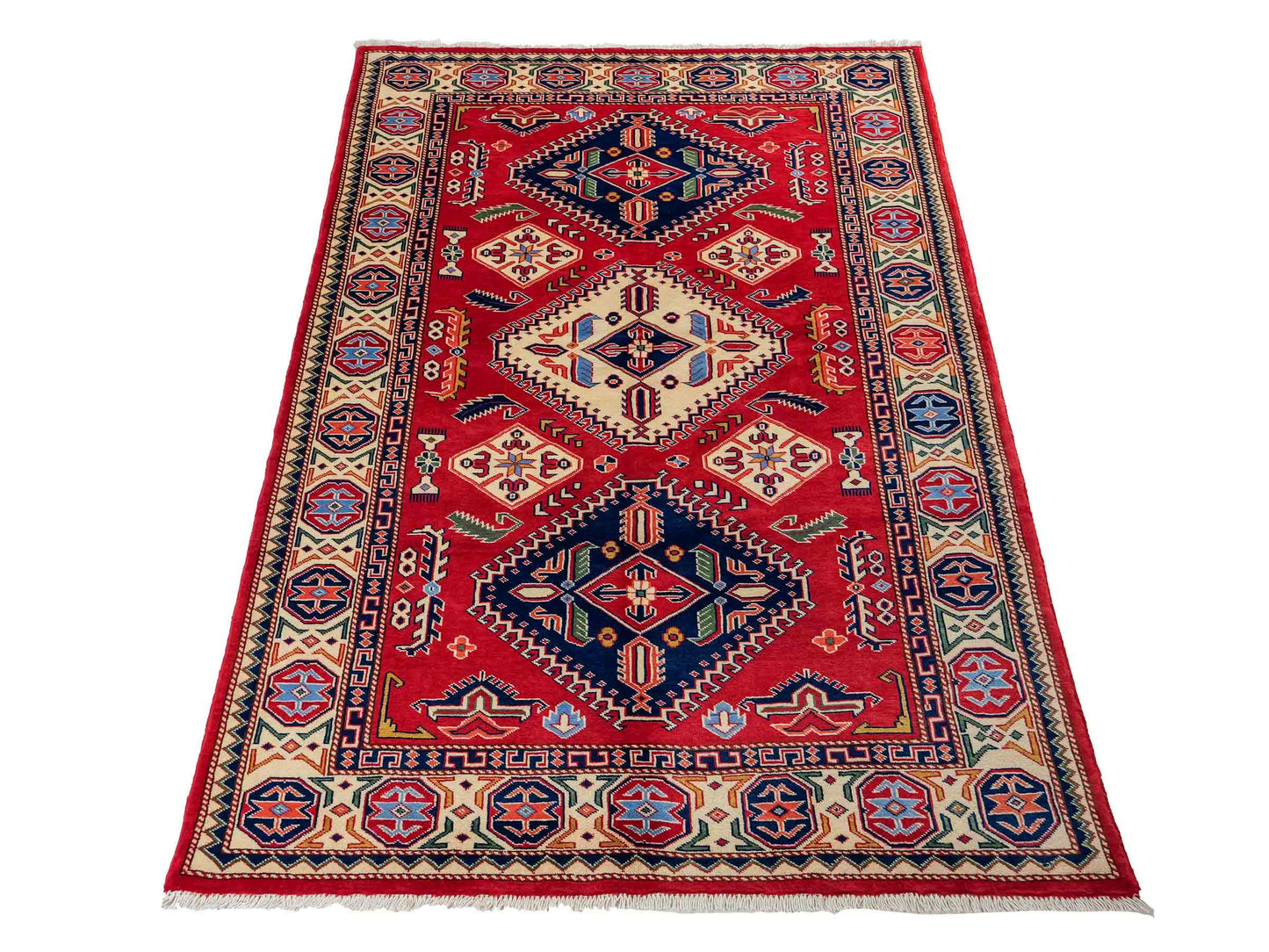 Handgeknüpfter, afghanischer Super Kazak Orientteppich aus Wolle von Khademi. Größe: 178 x 125 cm. Farbe: Rot, cremeweiß. Verkauf durch JUPITER Intl.