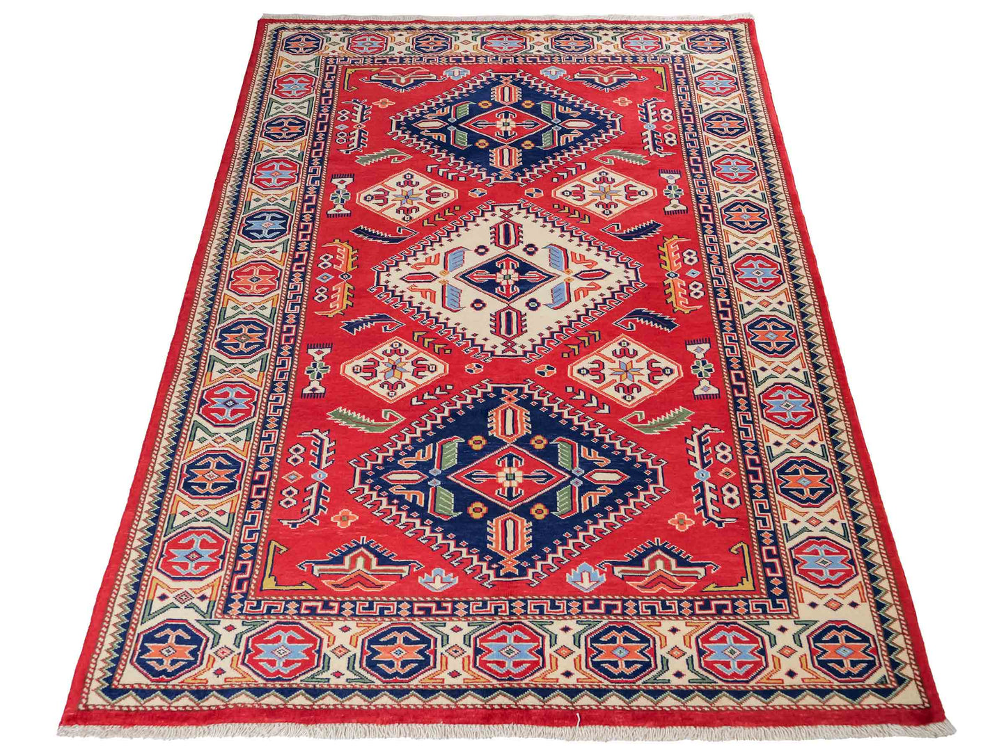 Handgeknüpfter, afghanischer Super Kazak Orientteppich aus Wolle von Khademi. Größe: 178 x 125 cm. Farbe: Rot, cremeweiß. Verkauf durch JUPITER Intl.