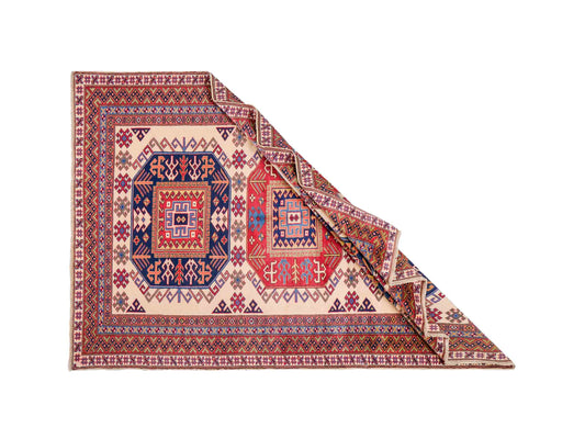 Handgeknüpfter, afghanischer Super Kazak Orientteppich aus Wolle von Khademi. Größe: 182 x 125 cm. Farbe: Cremeweiß, rot, blau, cremeweiß. Verkauf durch JUPITER Intl.